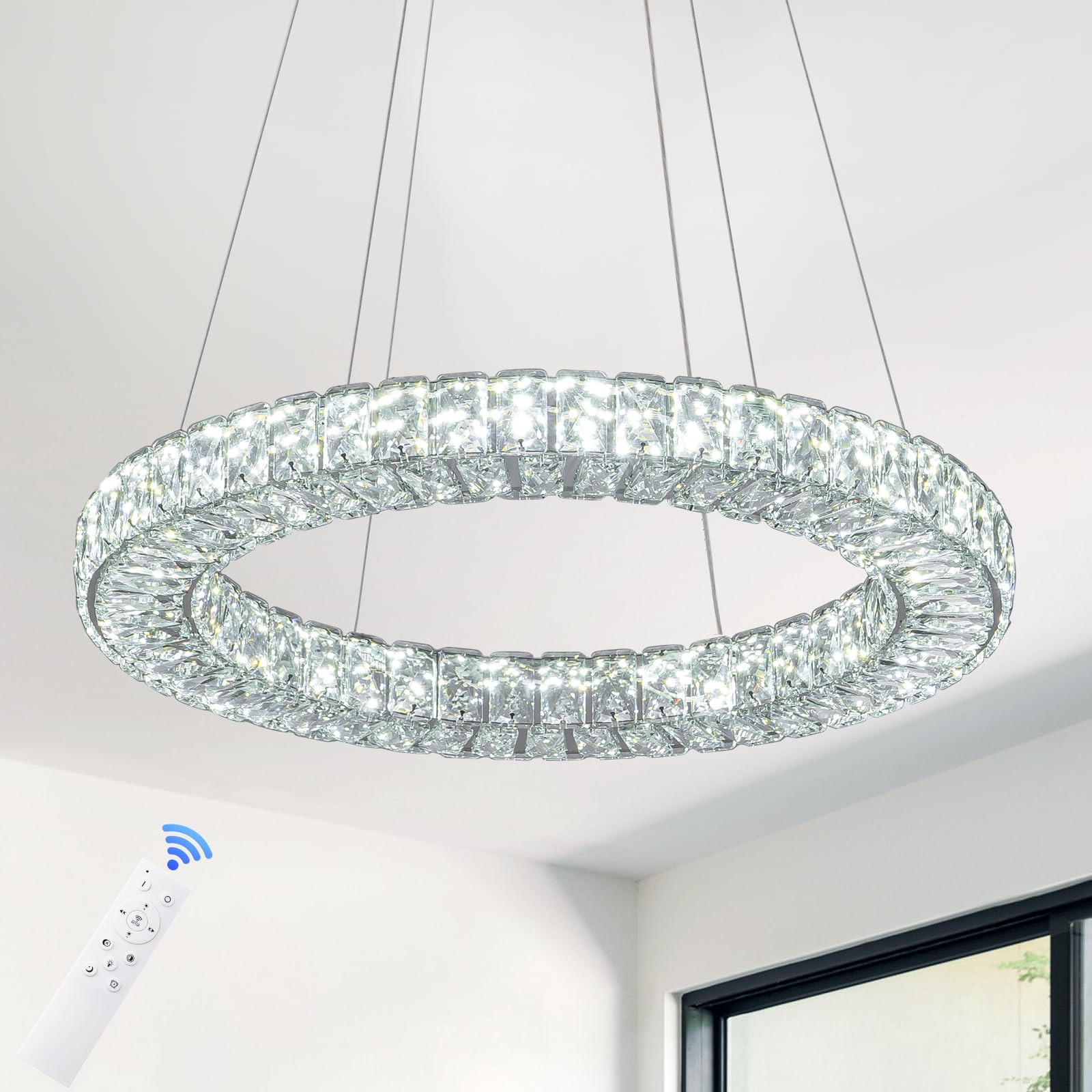 HongnuoFc 22'' Chandelier Crystal Chandeliers Ceiling Light Fixture with Remote Control Flush Mount Ceiling Lights for Living Ro
