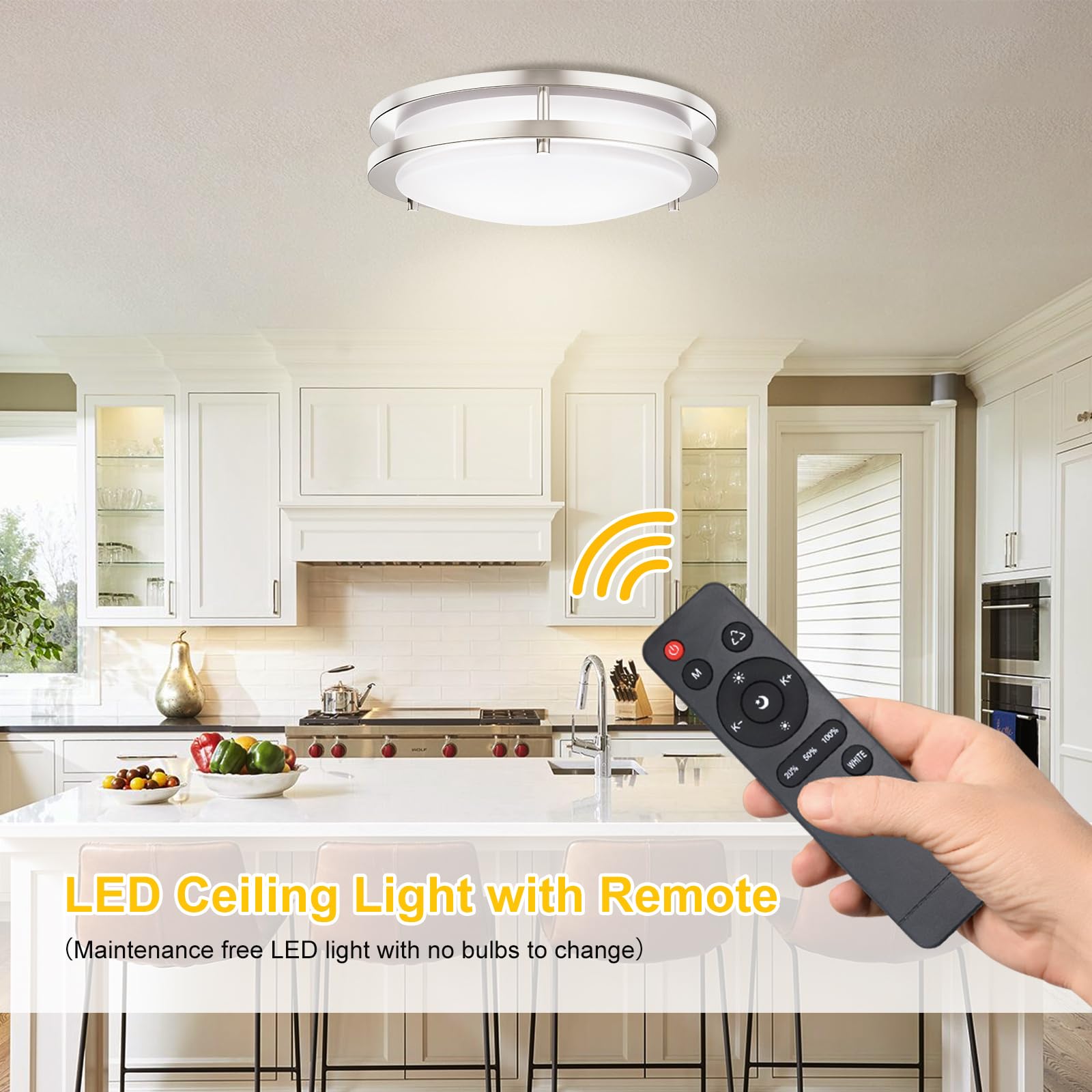 Kalium LED Ceiling Light Fixture, 14 Inch Dimmable, Adjustable 3000K-6000K, Brushed Nickel, Model CL, Hardwired for Kitchen/Bedroom