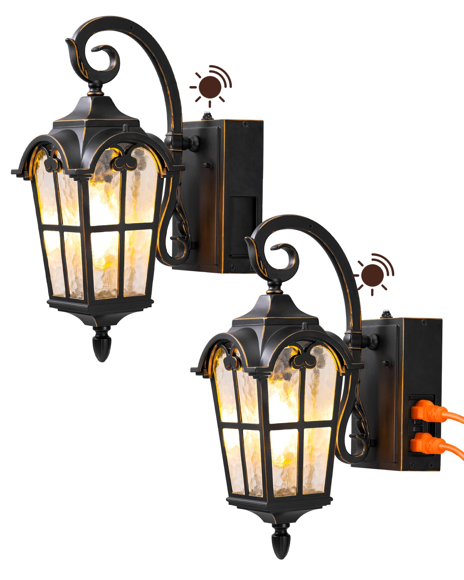 EDISHINE Dusk to Dawn Outdoor Wall Lights, Waterproof Black Aluminum Lanterns with GFCI Outlet, E26 Socket - 2 Pack