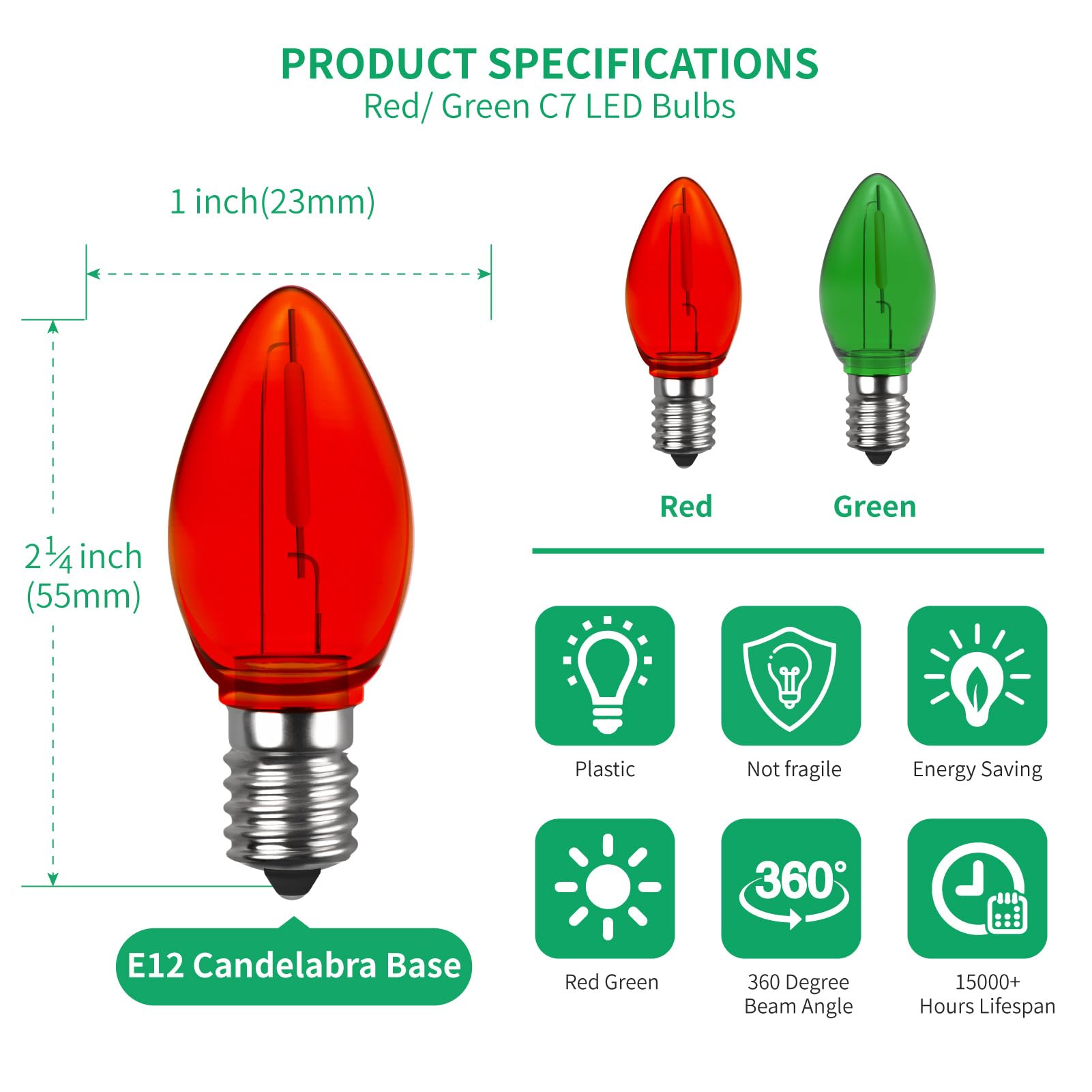 Meconard C7 Led Replacement Christmas Light Bulb, C7 Shatterproof Led Bulbs For Christmas Indoor Outdoor String Lights, E12 Candelabra Base Red Light Bulbs Green Light Bulb, 25 Pack