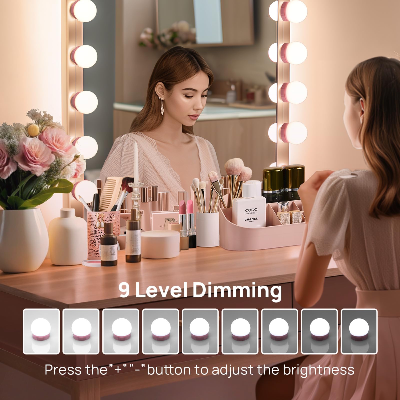 Consciot LED Vanity Lights for Mirror, 10 Dimmable Bulbs, Adjustable Brightness, Pink, Model PC-10D-2835-W-F5