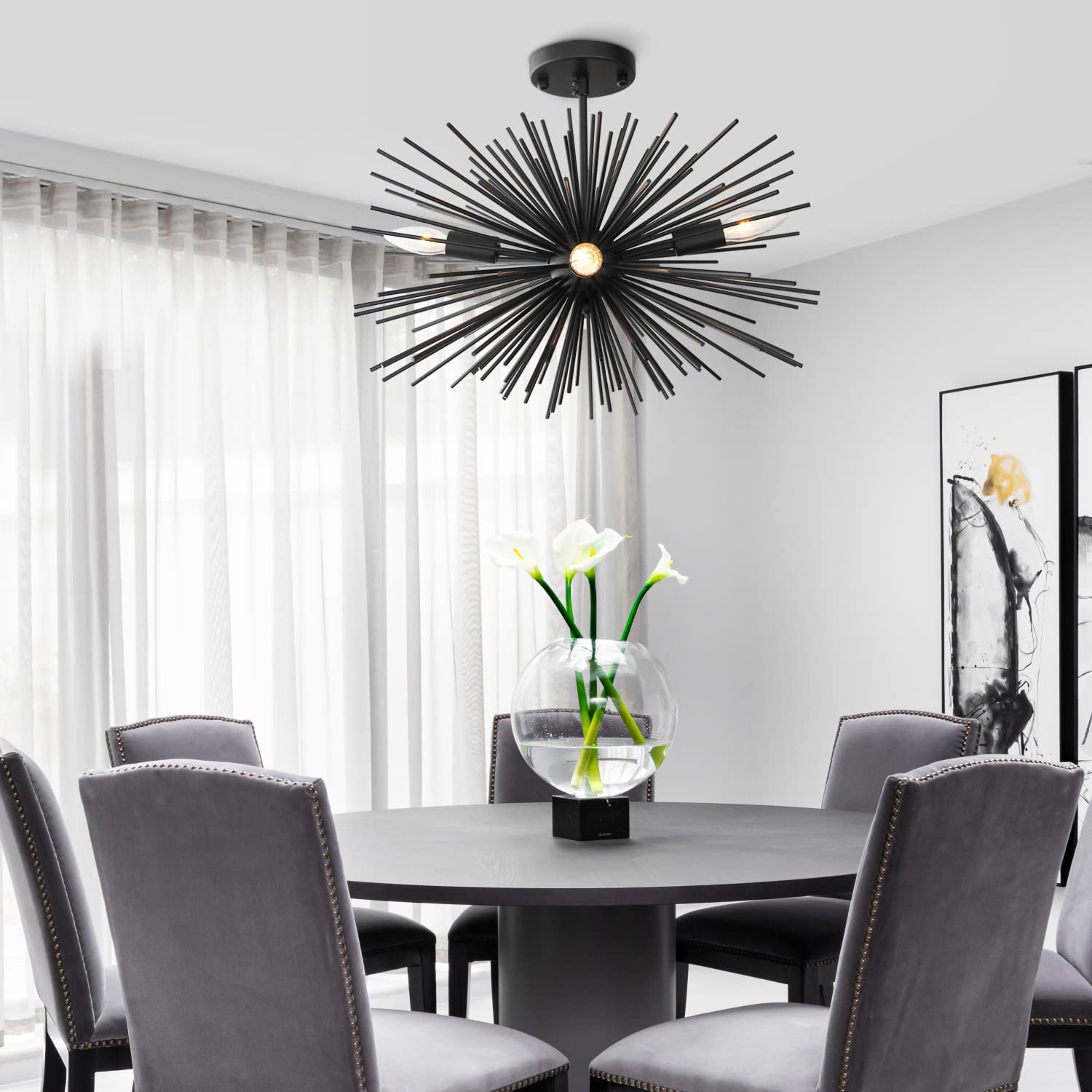 ZIRALIO Black Sputnik Chandelier, 4-Light Modern Metal Flush Mount, 19in for Dining Room, Kitchen, Entryway
