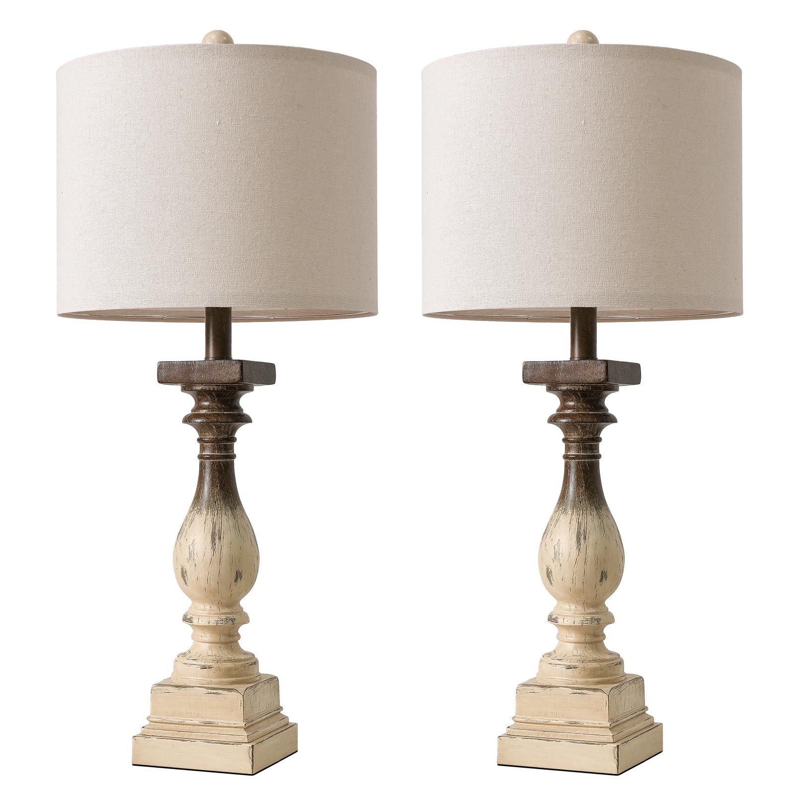 Bobomomo 27'' Farmhouse Table Lamps With Usb-A +C Ports, Vintage Rustic Side Table Lamps Set Of 2, Linen Shade, Retro Bedside Ni