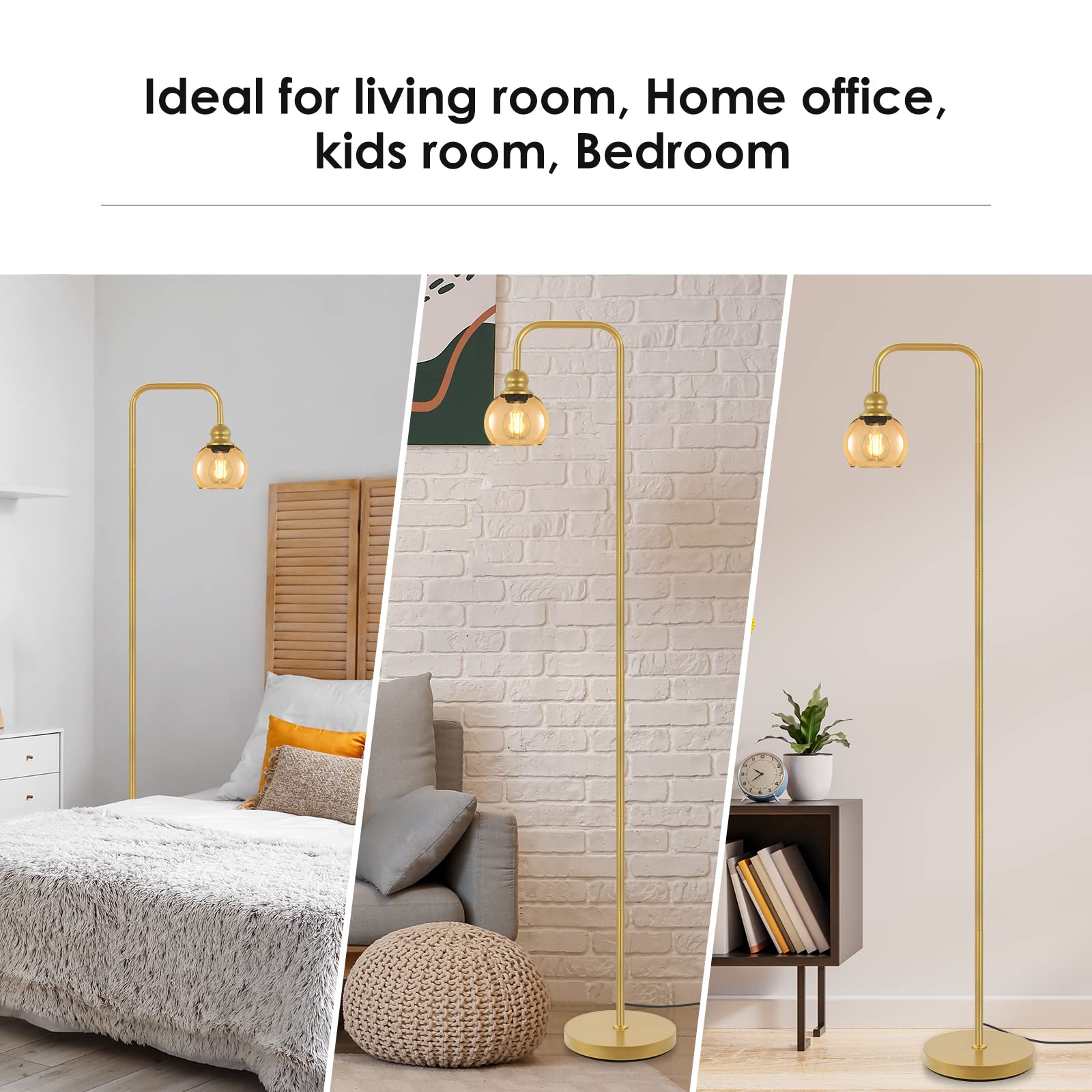 Modern Floor Lamp For Living Room With 6W Led Bulb, Industrial Floor Lamp, Amber Glass, Classic Reading Tall Lamp For Home Offic