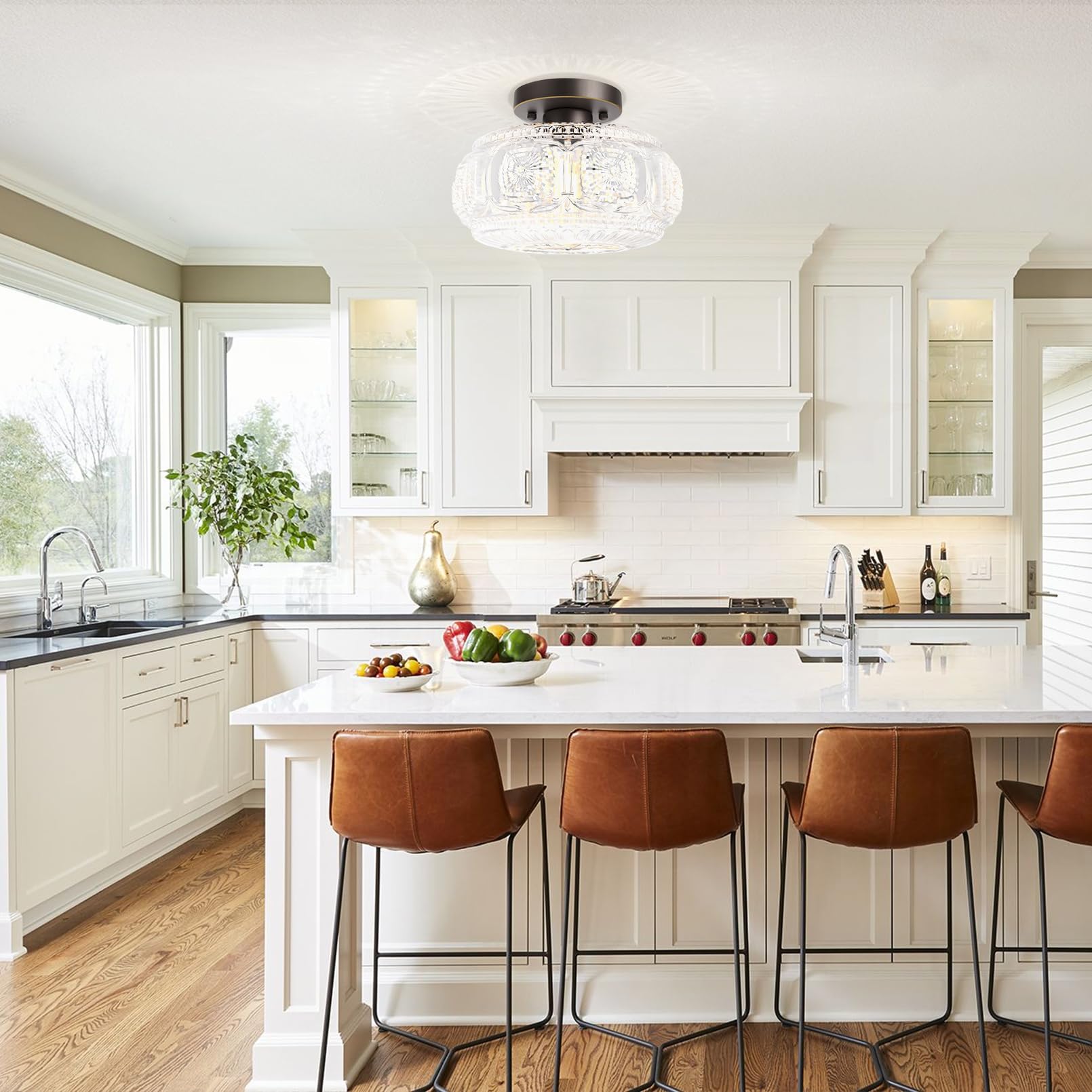 Oykyohei Semi Flush Mount Ceiling Light, Upgraded Larger Bronze Glass Ceiling Light Fixture, Vintage Lighting For Hallway Kitche