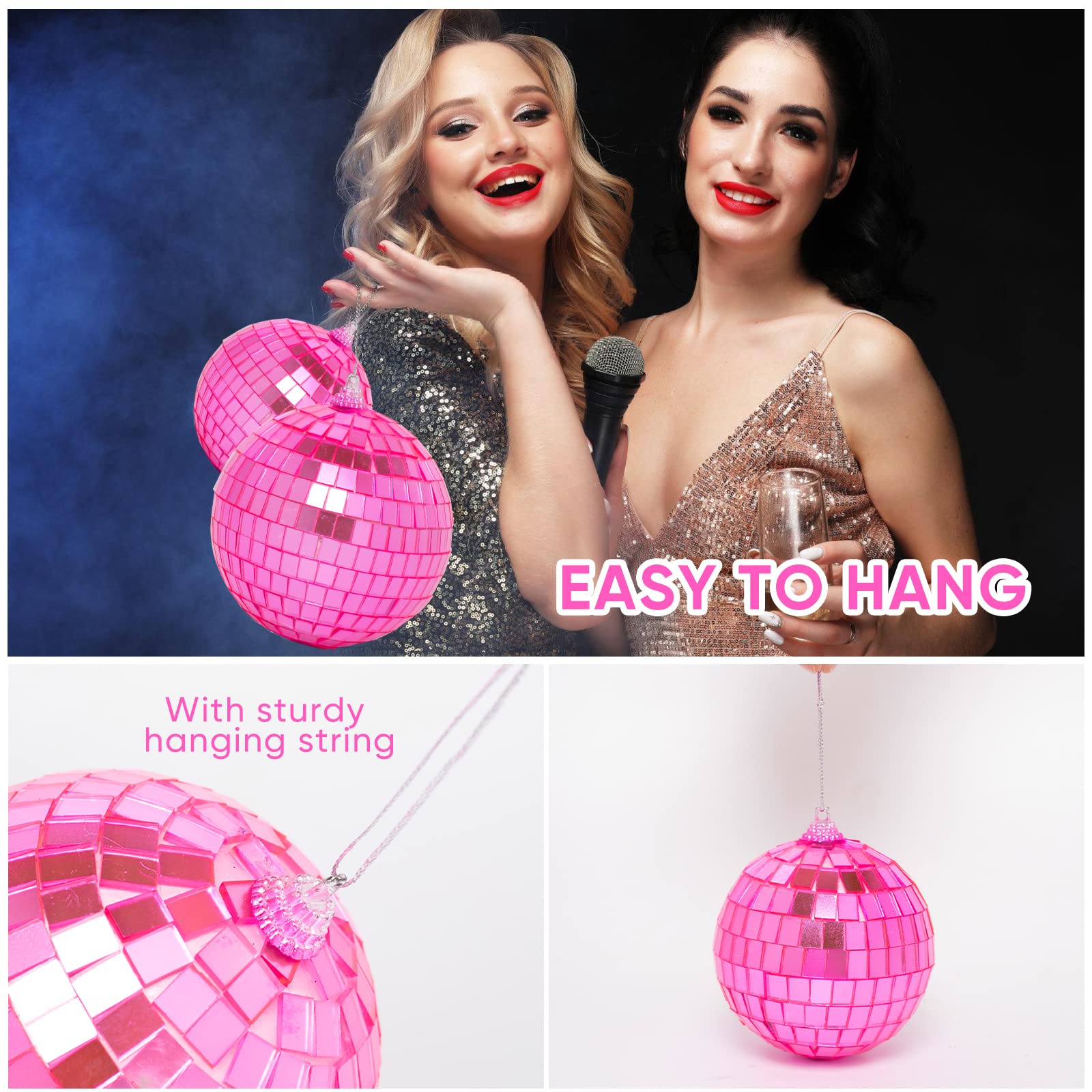 32 Pack Mini Disco Balls Decorations Different Sizes Mirror Ball With Hanging String Small Disco Ball Ornament For Disco Theme Party Cake Topper Dj Club Christmas Wedding Home Decor (Pink)
