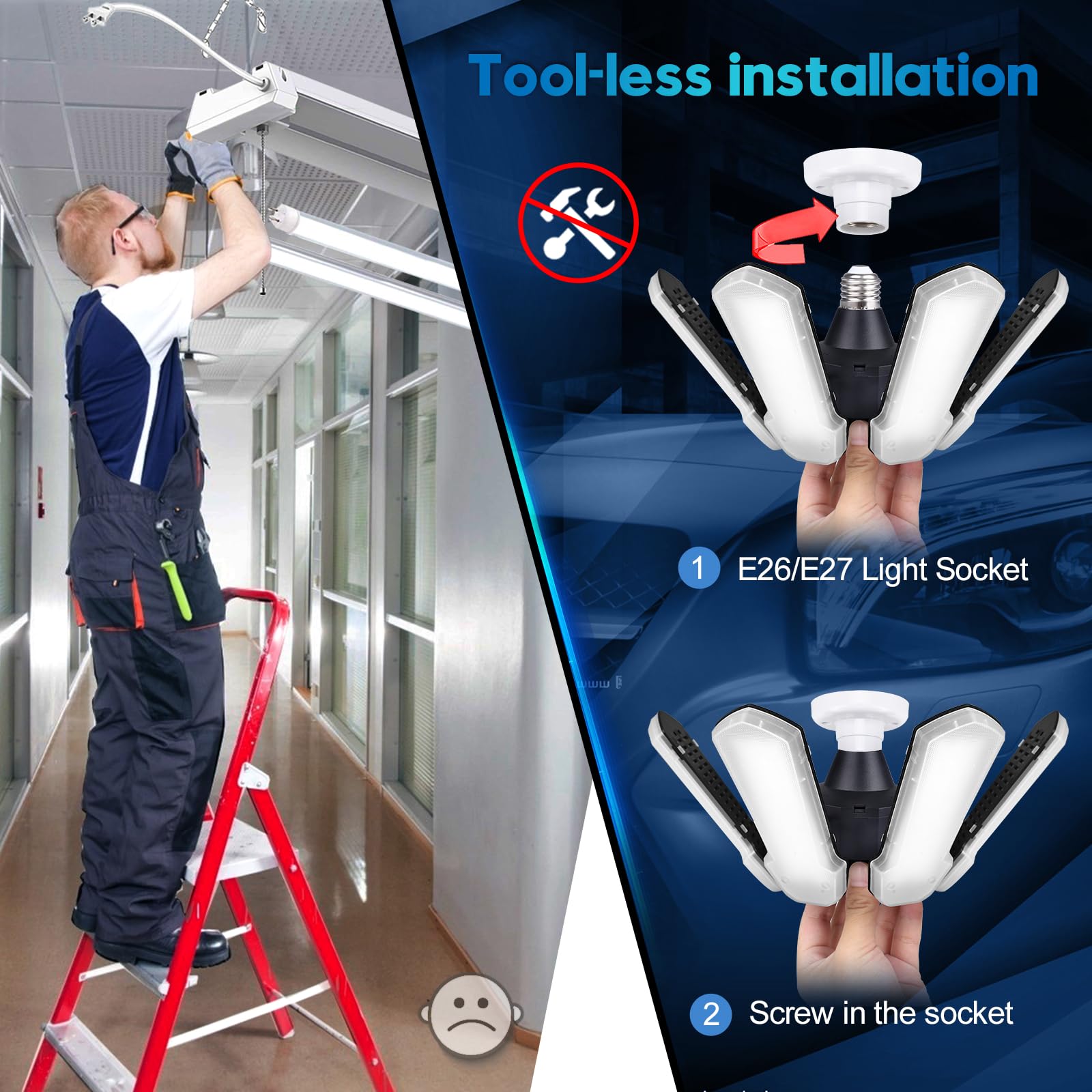 TANBABY LED Garage Light 150W, 15000LM, Deformable Ceiling Bulb, 6+1 Adjustable Panels, Black, Model BX-60, 1 Pack