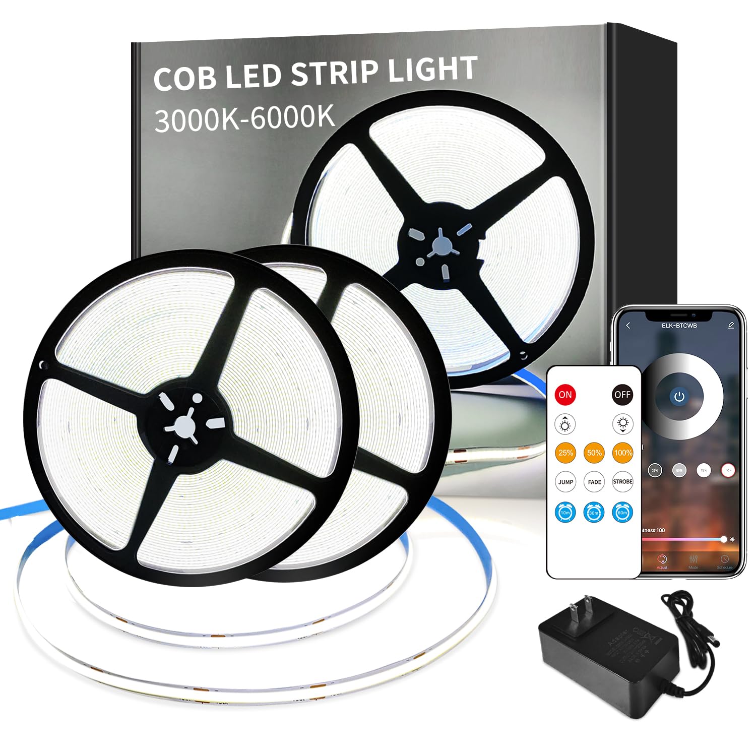 Yeewhale Cob Led Strip Lights 100Ft,6000K Dc 24V Dimmable White Flexible Led Rope Lights For Bedroom,With Remote And App Control Led Lights Strip For Living Room, Shelf, Cabinet