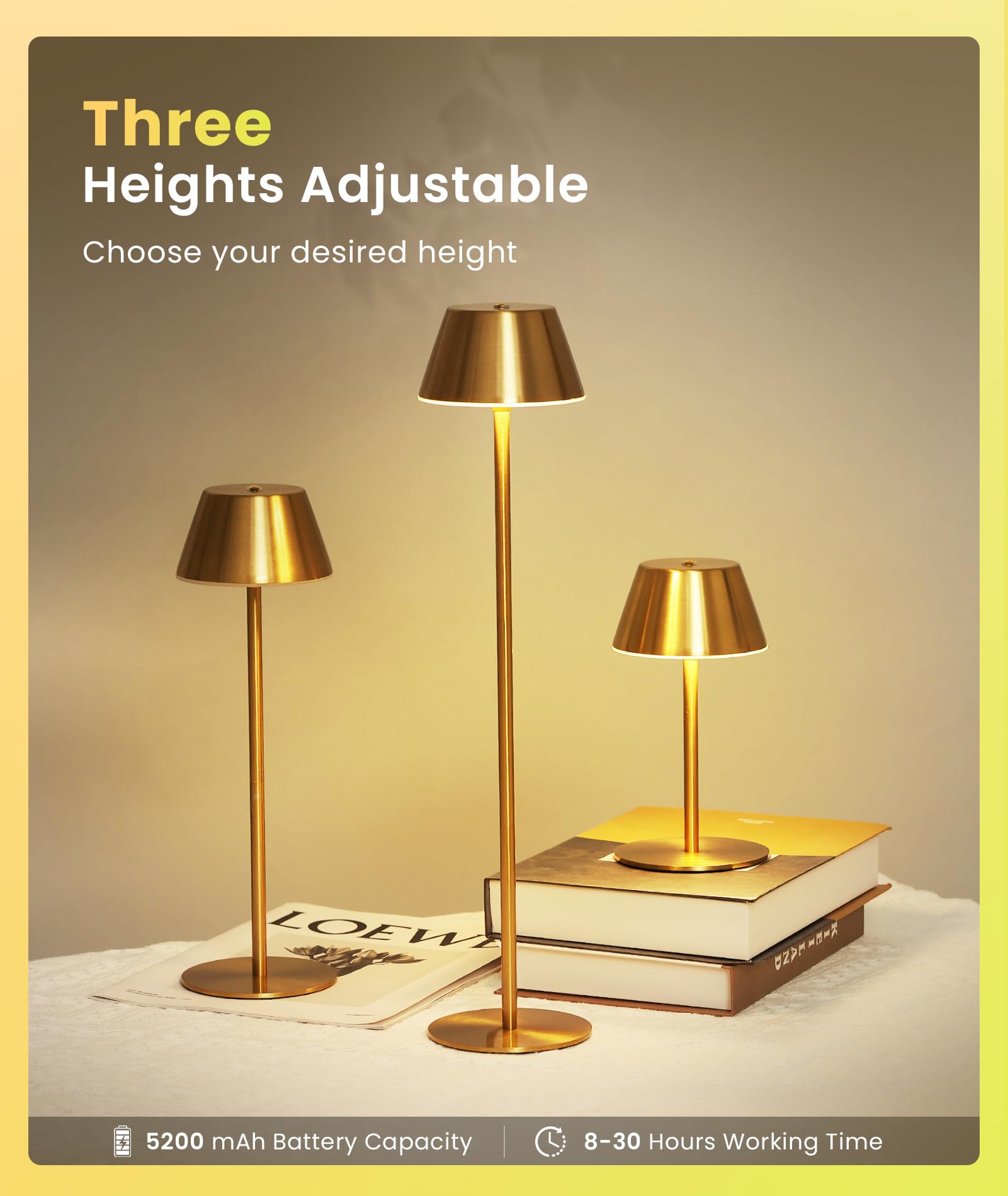 Loftek Cordless Table Lamp, 5200Mah Battery, 3 Adjustable Height (Gold, 1 Pack)