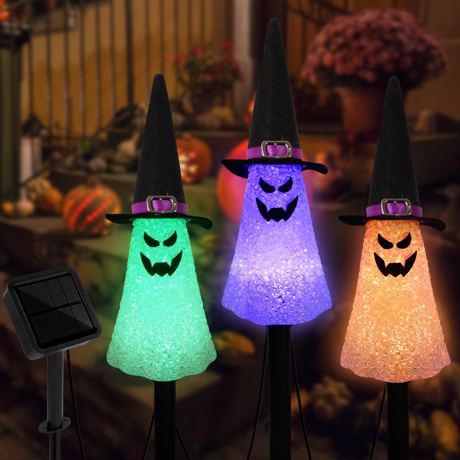 LIGHTSHINE 3PCS Ghost Solar Halloween Decorations, Solar Landscape Pathway Lights,Solar Halloween Garden Stakes Lights, Outdoor Halloween Lights Decor for Yard, Patio, Porch (Orange+Purple+Green)