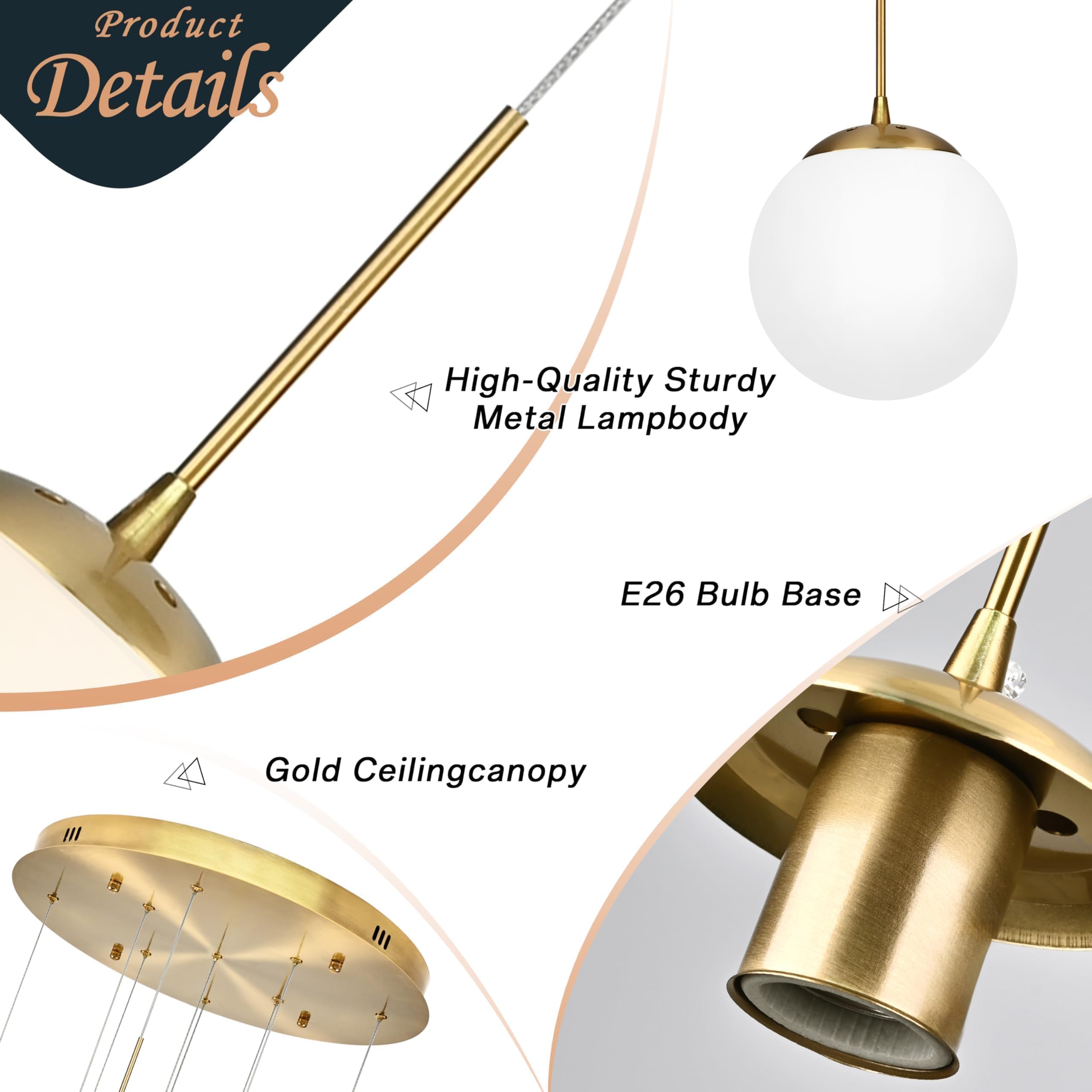 Koko&Yukina 9-Light Globe Milky White Glass Pendant Light Adjustable Length Pendant Lights Modern Glass Globe Pendant Lights Gol