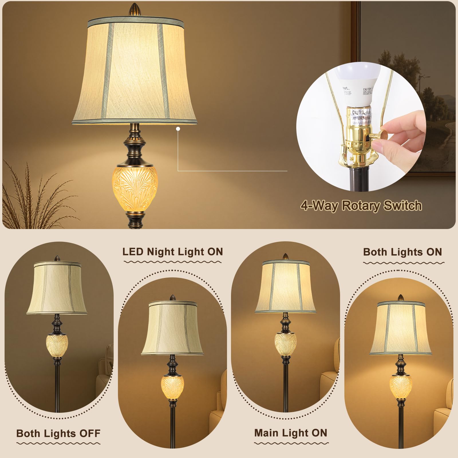 LuxSight Vintage Floor Lamp - 64" Tall Dark Bronze with Beige Faux Silk Shade & Nightlight - Farmhouse Design, Model PL8018-FLNO