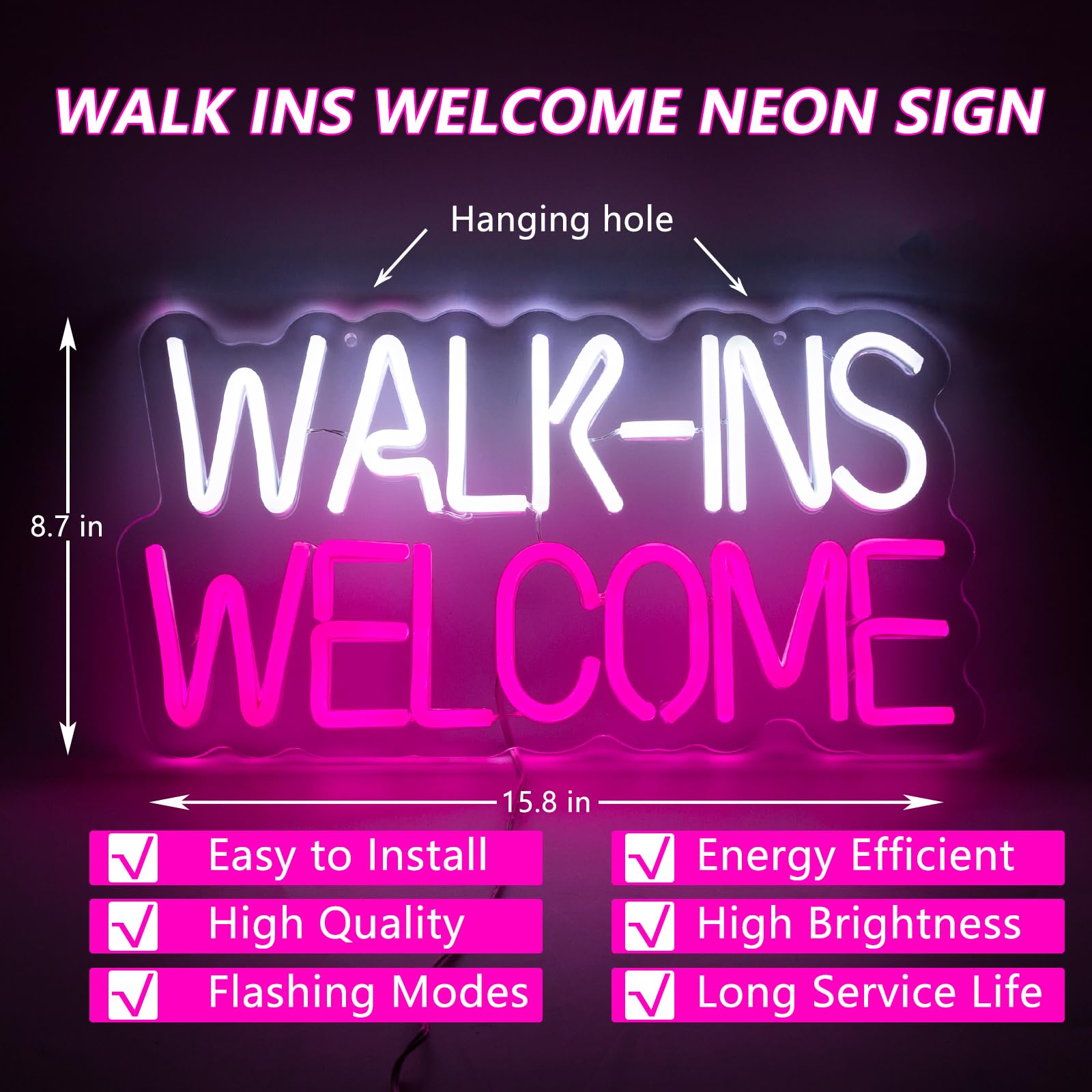 Moodlion Neon Wall Sign - Pink LED Light for Studio Room Decor, 15.8x11.5 IN, Acrylonitrile Butadiene Styrene, Walk Ins Welcome