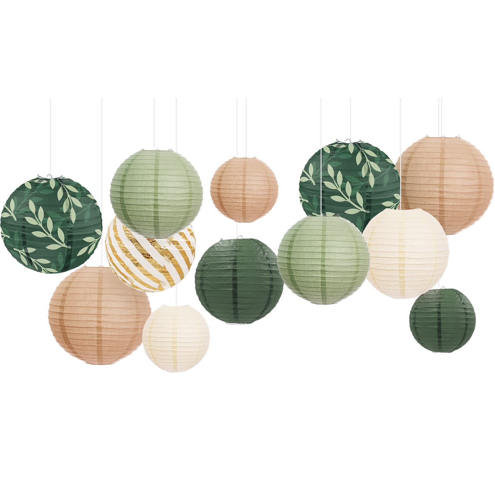 Aobkiat Party Decorations Paper Lanterns Set,12Pcs Sage Green Brown Chinese Japanese Hanging Paper Lantern For Green Boho Wedding,Birthday,Baby Shower,Bridal Showers,Neutral Party Decor