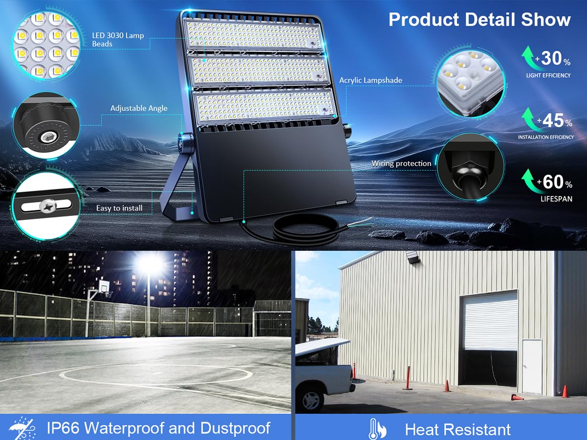 BIRITALO 360W Outdoor LED Flood Lights - 52200LM, Waterproof, 5500K, Wall Mount for Stadium, Arena, Basketball Court