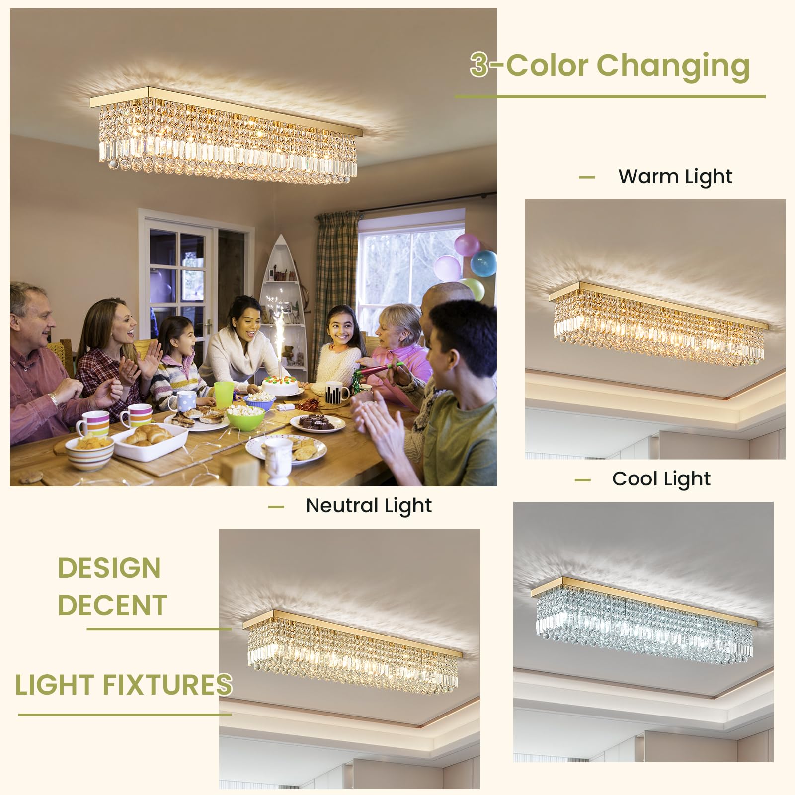 Siljoy 10-Light Crystal Chandelier, Stainless Steel, Flush Mount, 47in  x 10in  x 10in , Model HLP009-C, Luxury Gold