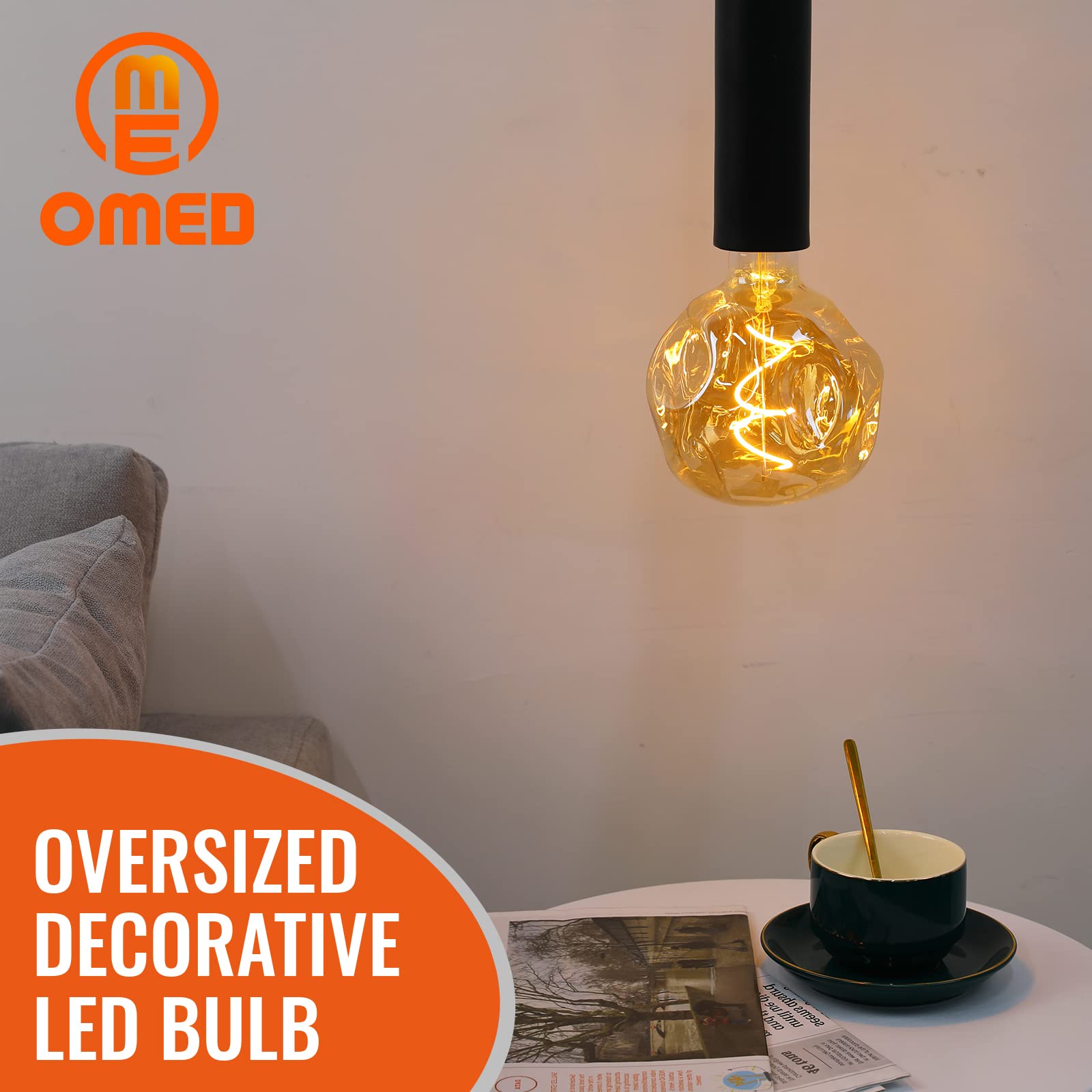 Omed S125 Oversized Dimmable Led Edison Bulb 2 Pack, E26 Base 2200K Warm White Large Vintage Decorative Light Bulb, 5 Watt 400Lm