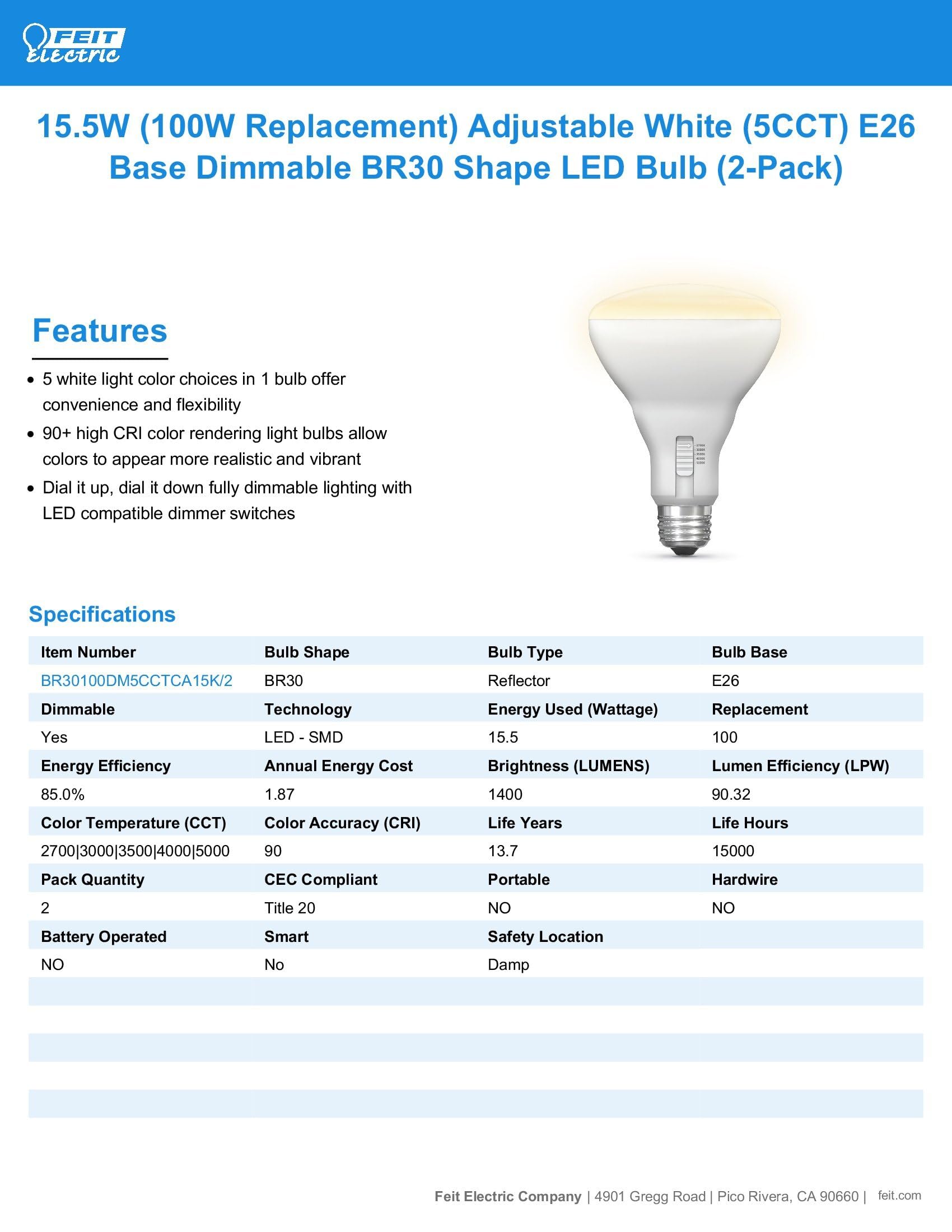 Feit Electric BR30 LED Light Bulb, 100W Equivalent, Dimmable, 1400 Lumens, E26 Base, White, 2 Pack, 13-Year Lifetime