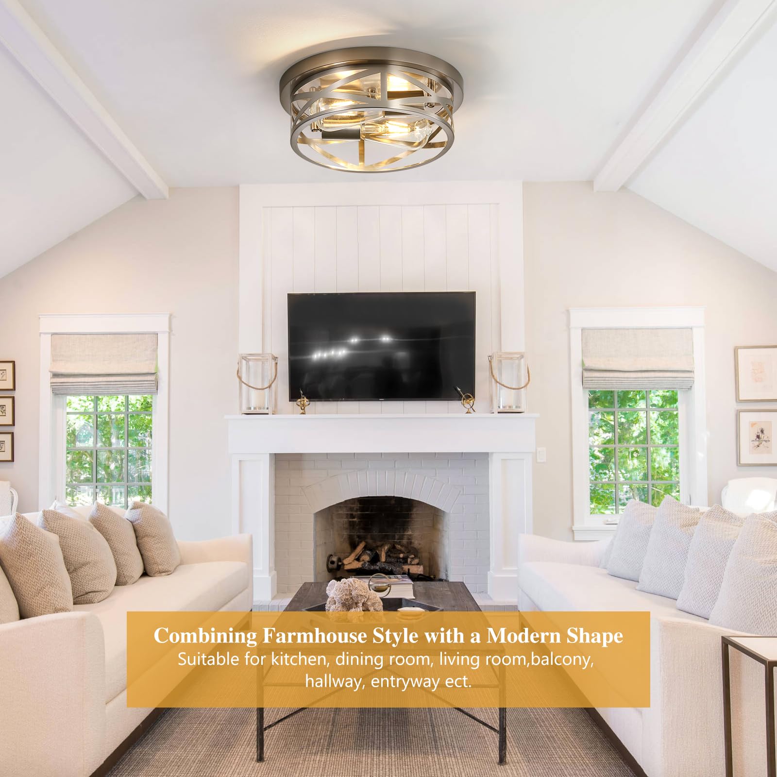 Sewterolyn Brushed Nickel Flush Mount Ceiling Light Fixture,2-Light Industrial Farmhouse Ceiling Light Fixture,Brushed Nickel Li