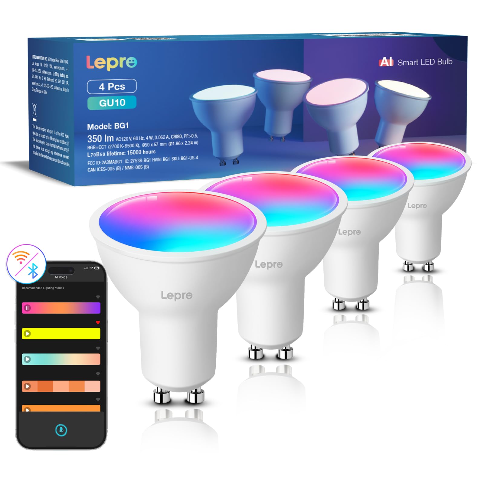 Lepro Bg1 Ai Gu10 Smart Bulb - Rgbcw Dimmable Color Changing Led Bulbs, Compatible With Alexa & Google Assistant, Ai Voice Contr