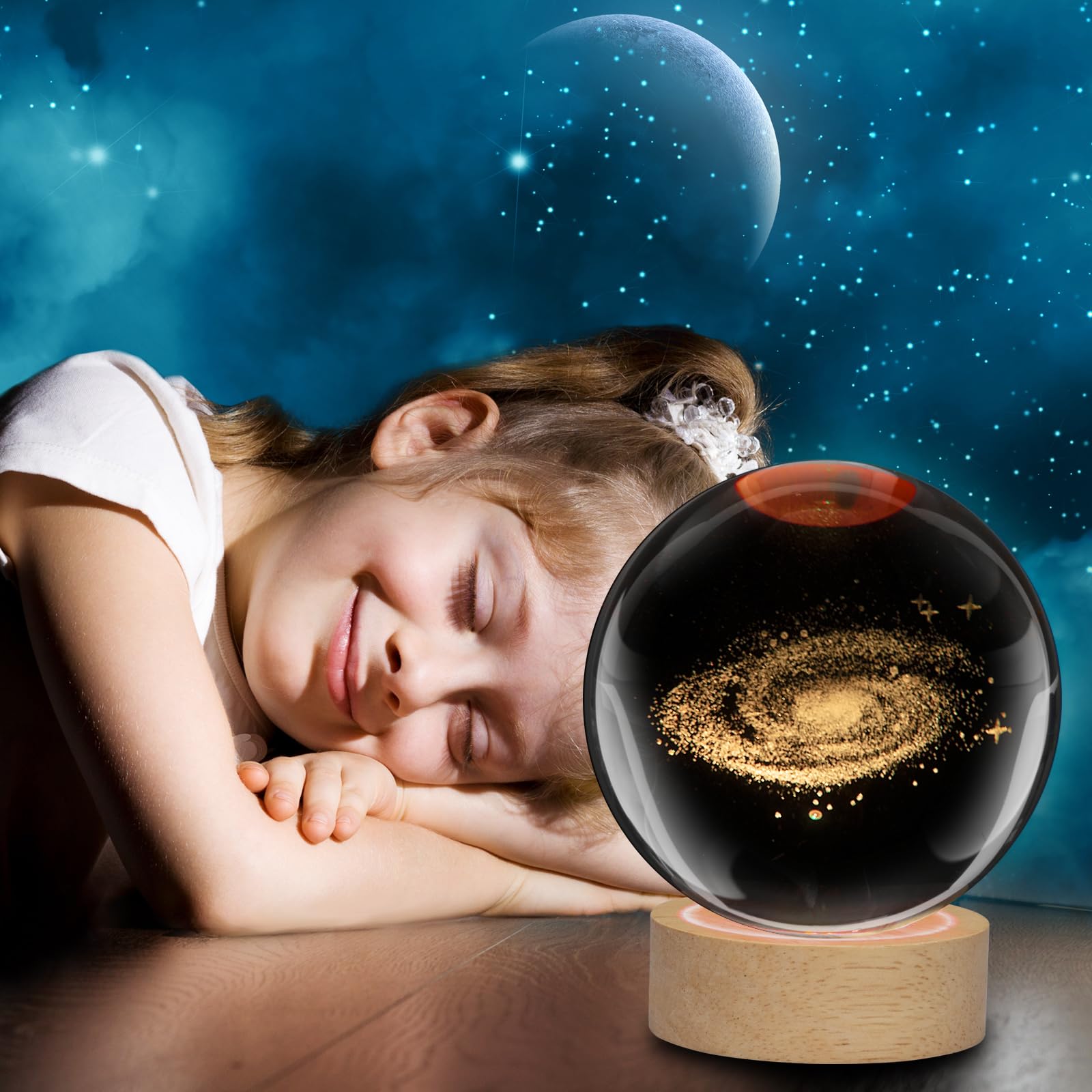 Large 3D Galaxy Crystal Ball Night Light, Planet Crystal Ball Lamp For Kids With Wooden Led Base, Crystal Lamp 16 Color Changing Light With Remote Control Galaxy Lamp For Bedroom Decor
