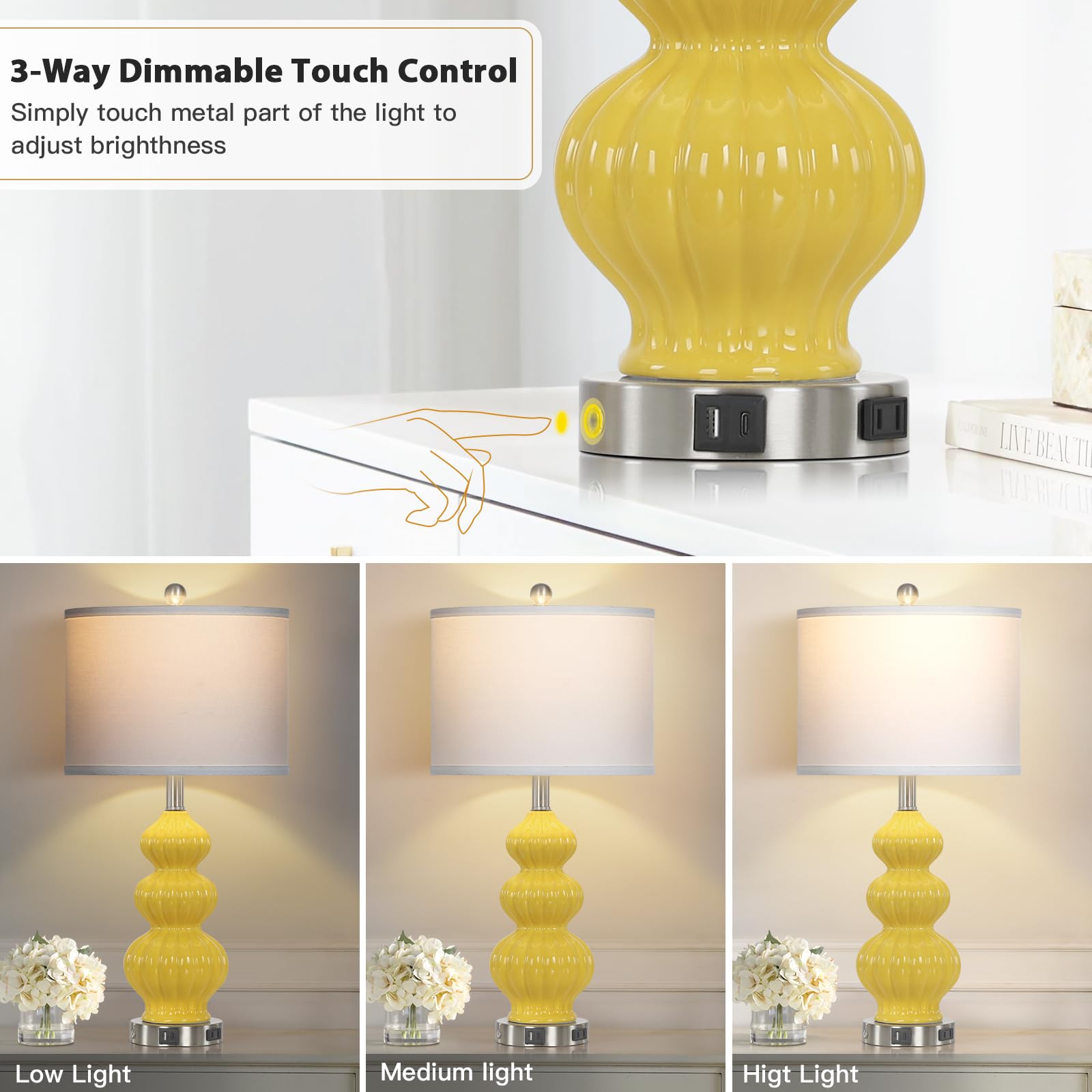 Rinweey Ceramic Table Lamps Set of 2, Modern Yellow Touch Control Bedside Lamps with USB Ports & AC Outlet for Bedroom Living Room