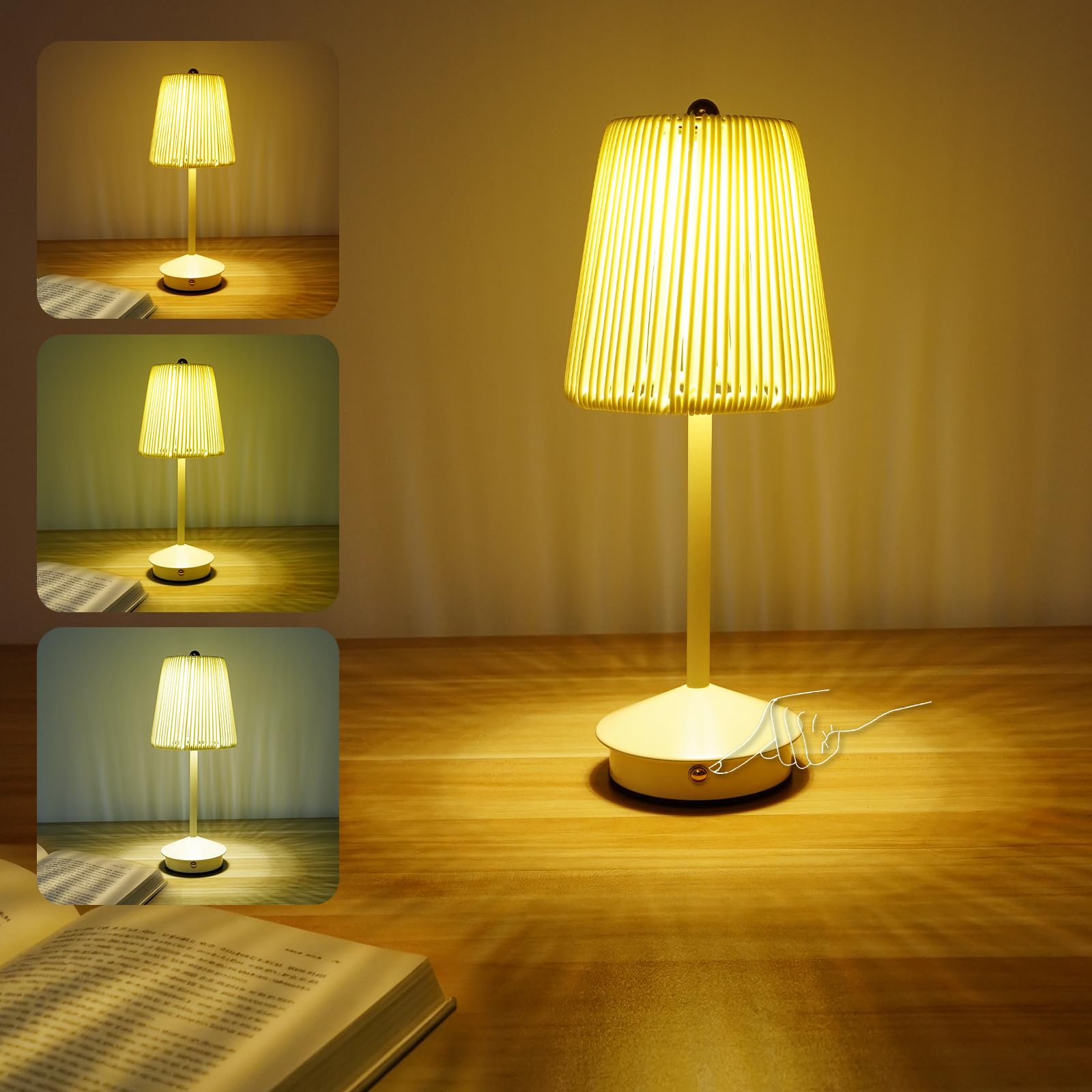 Boho Rattan Table Lamp  Cordless Wicker Woven Vintage Table Lamp - LED Rechargeable Touch Control 3 Color Dimmable Reading Bedside Lamp for Bedroom Living Room Office  Home Outdoor Decor (White-3)