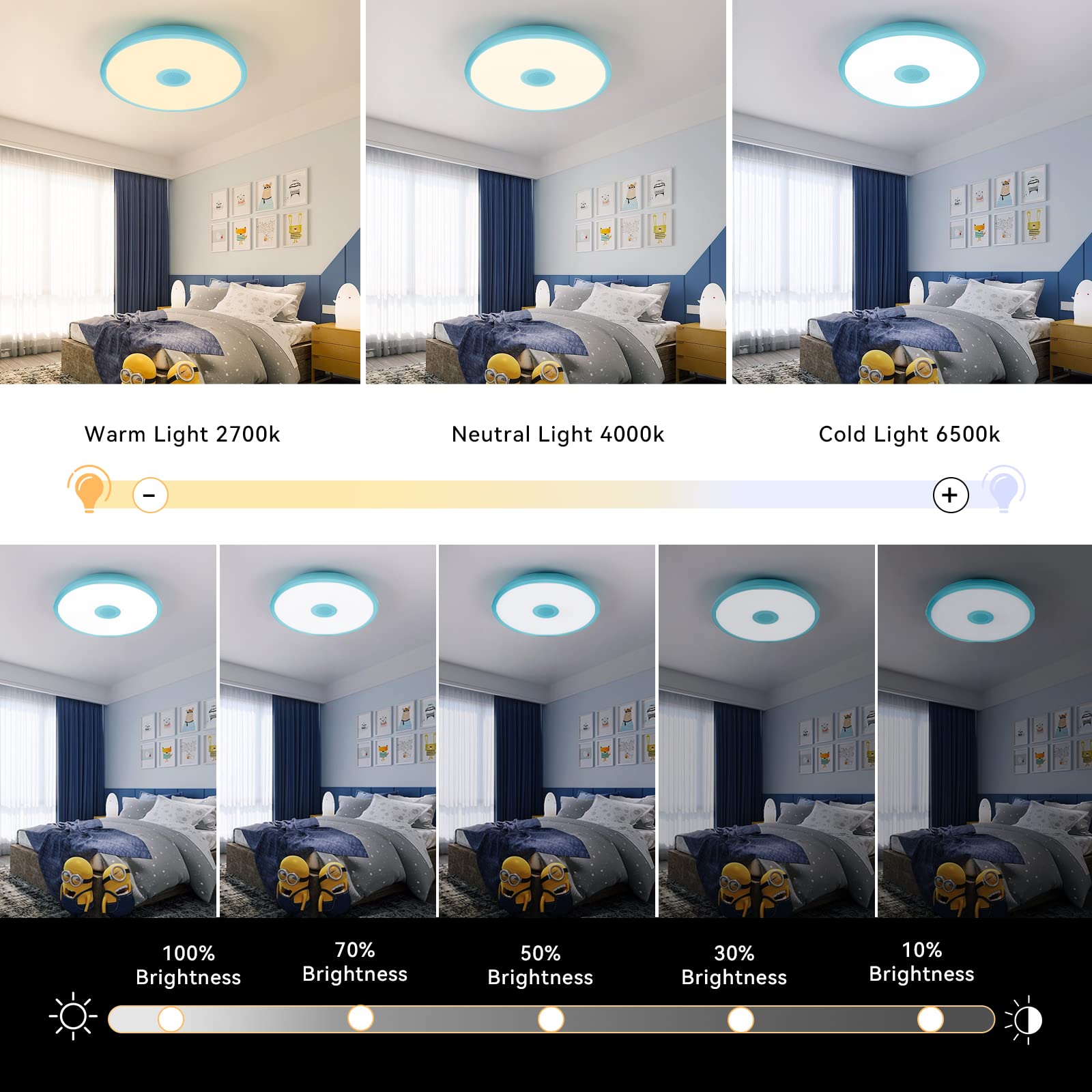 Asall Sky Blue Waterproof Led Ceiling Light Fixture,Music Ceiling Lamp,With Bluetooth Speaker,11Inch 18W, 2700K-6500K Dimmable R