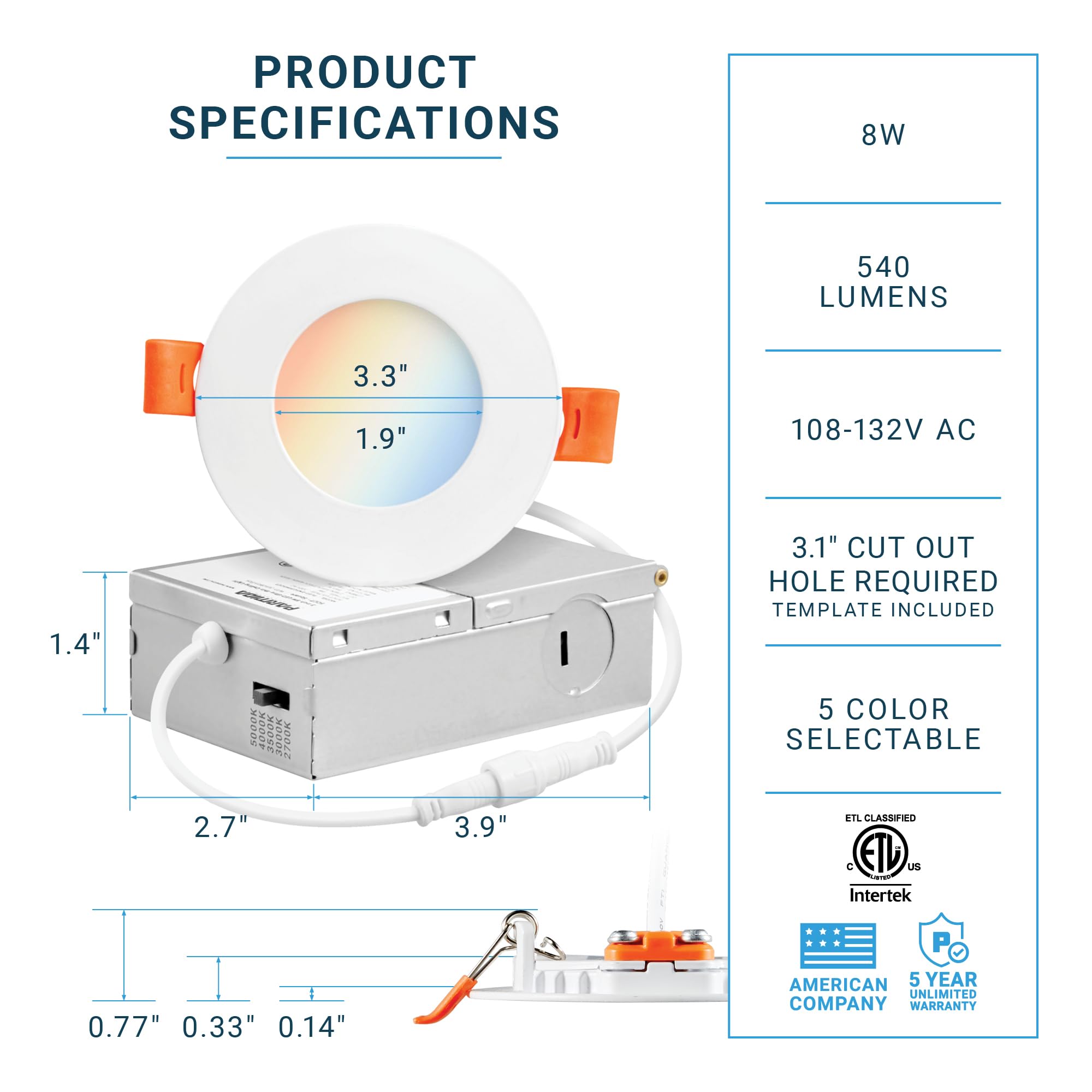 Parmida (12 Pack) 3 Inch 5Cct Ultra-Thin Led Recessed Ceiling Light With Junction Box, 5 Color Selectable 2700K/3000K/3500K/4000