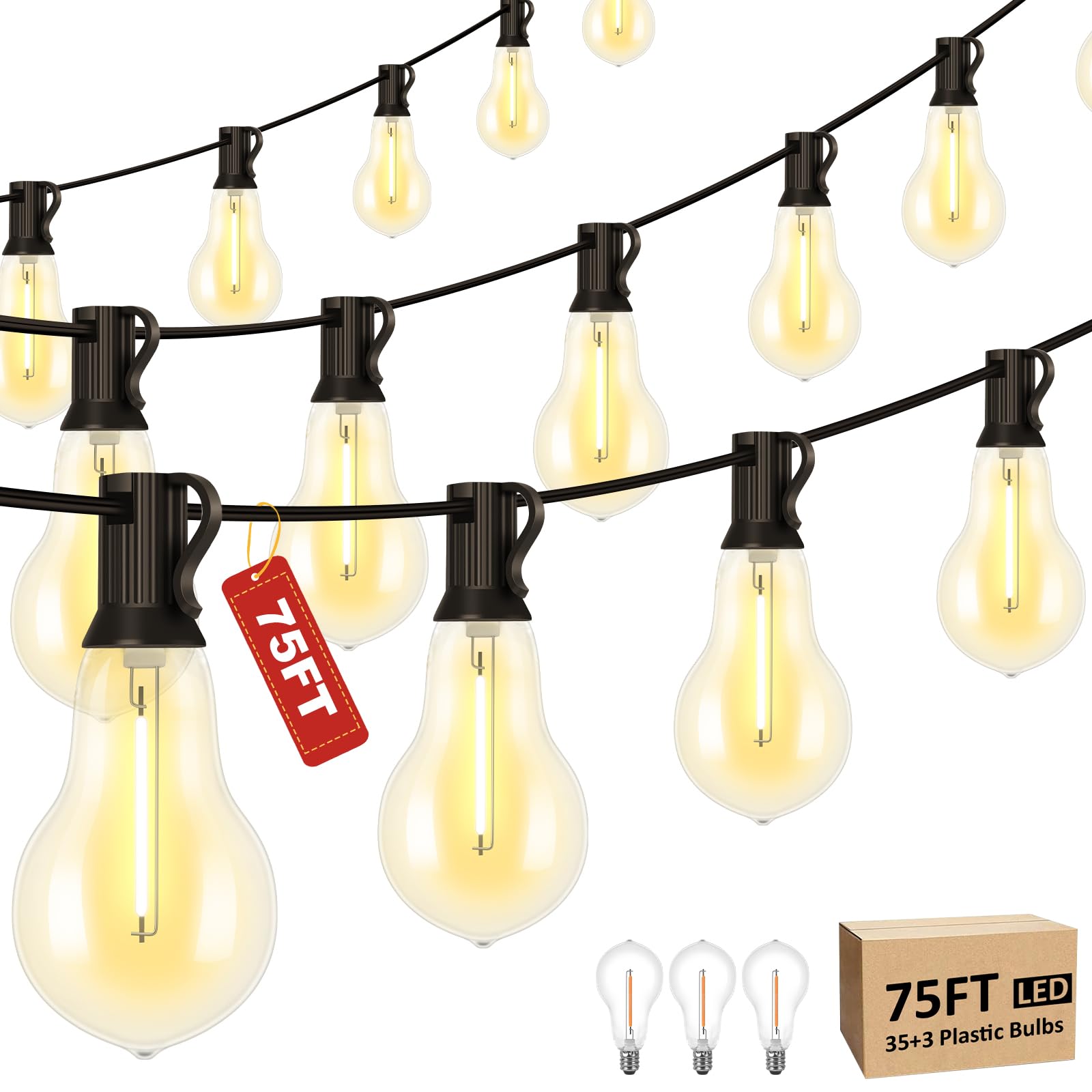 Porbench 75FT Outdoor String Lights with 35+3 Waterproof Bulbs  2FT Bulbs Apart  Dimmable & Connectbale  Commercial Grade Patio String Lights for Outside Porch Backyard Garden Deck Decor