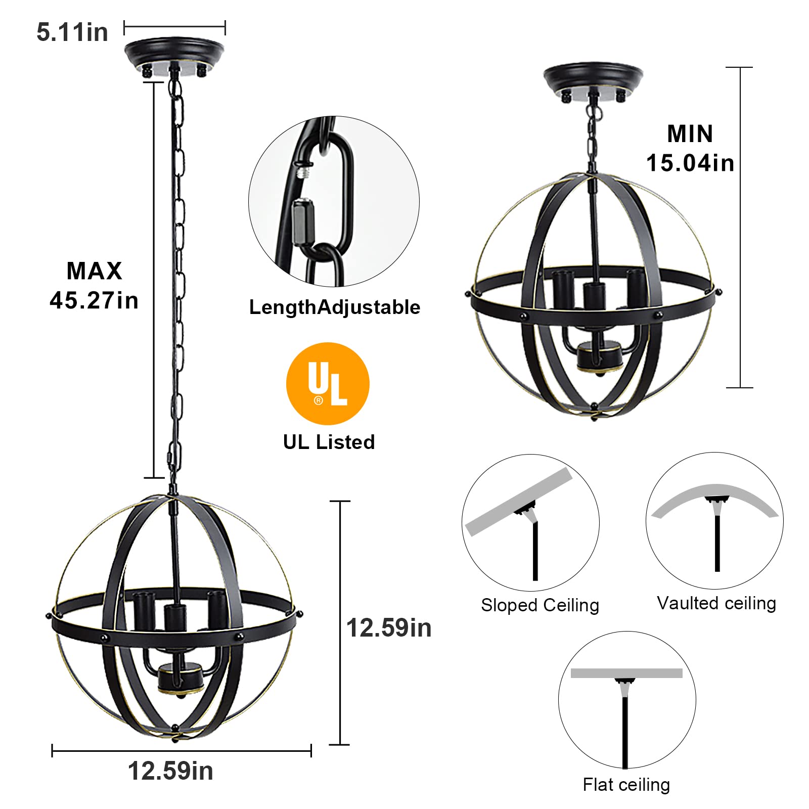 DINGLILIGHTING Chandelier Lighting Fixture, 3-Light Metal Pendant, Gold, Model WS-FND2-40B