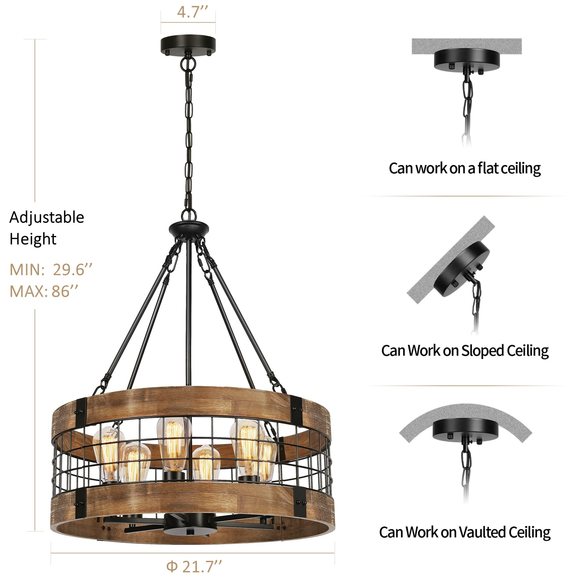 6-Light Farmhouse Wood Chandelier For Dining Room, Rustic Foyer Light Fixtures, Industrial Drum Hanging Lights For Kitchen Islan