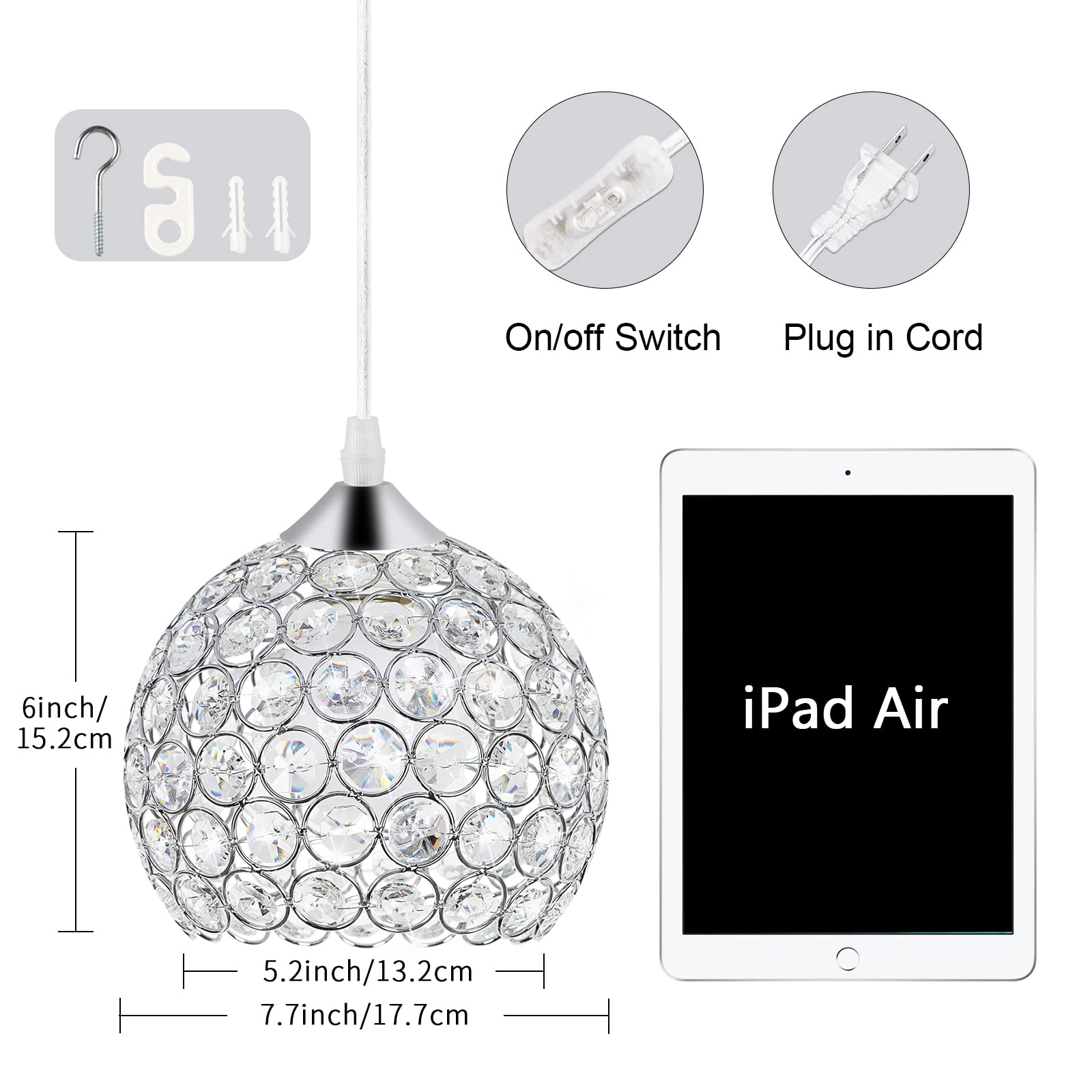 TISLYCO Plug-in Crystal Chandelier Light, Metal, 7.7”x6”, 13.12ft Cord, Elegant Hanging Pendant for Kitchen Island, Bedroom, Dining Room