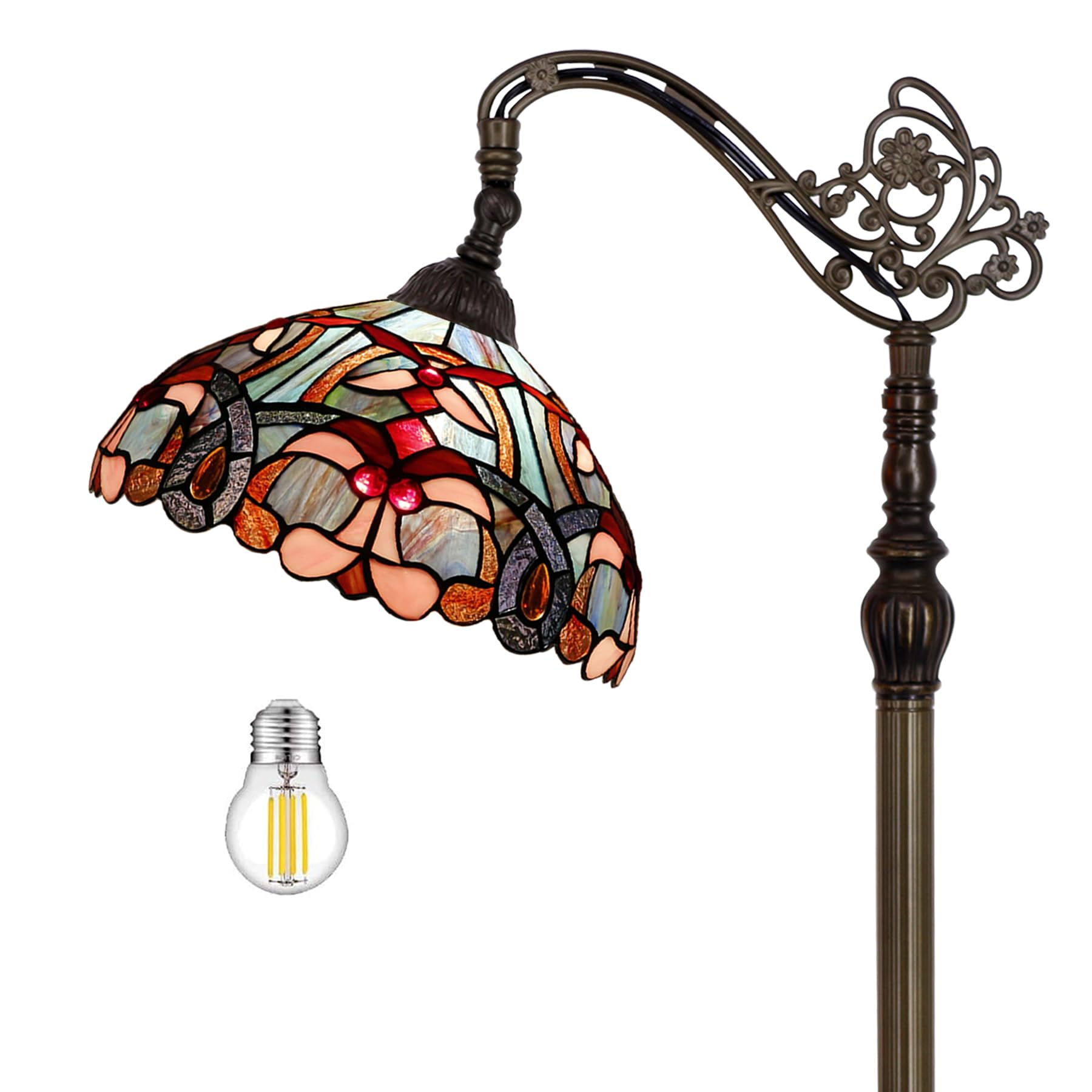 WERFACTORY Tiffany Floor Lamp Blue Pink Stained Glass Arched Lamp 12X18X64 Inches Gooseneck Adjustable Corner Standing Reading L