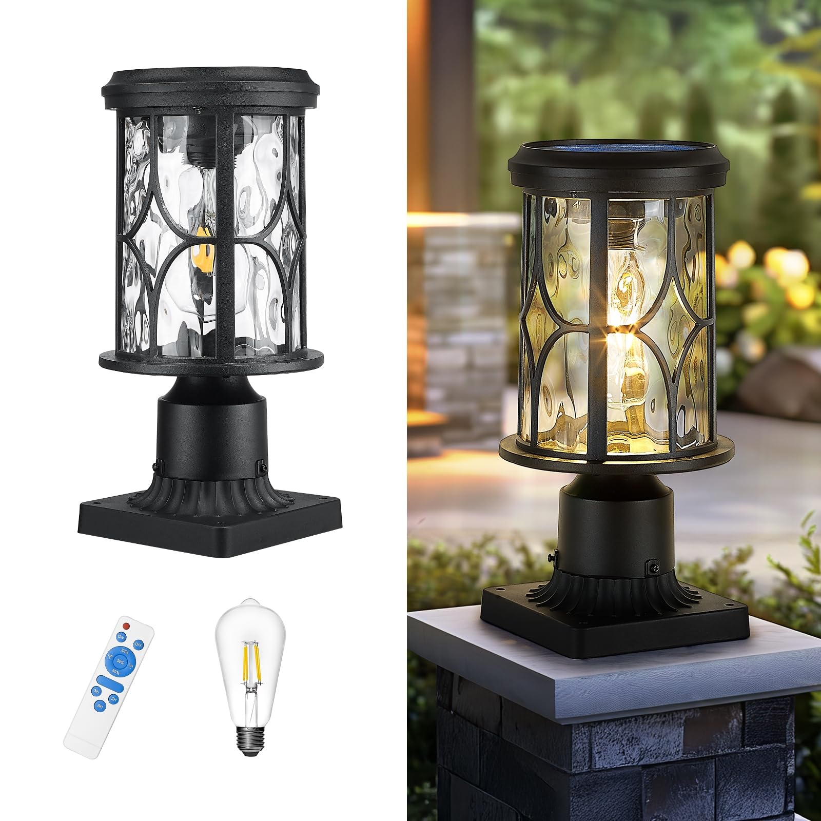 zeyu Outdoor Solar Column Light with Pier Mount, Exterior Post Lighting Fixture with Remote, Die-Cast Aluminum with Water Ripple
