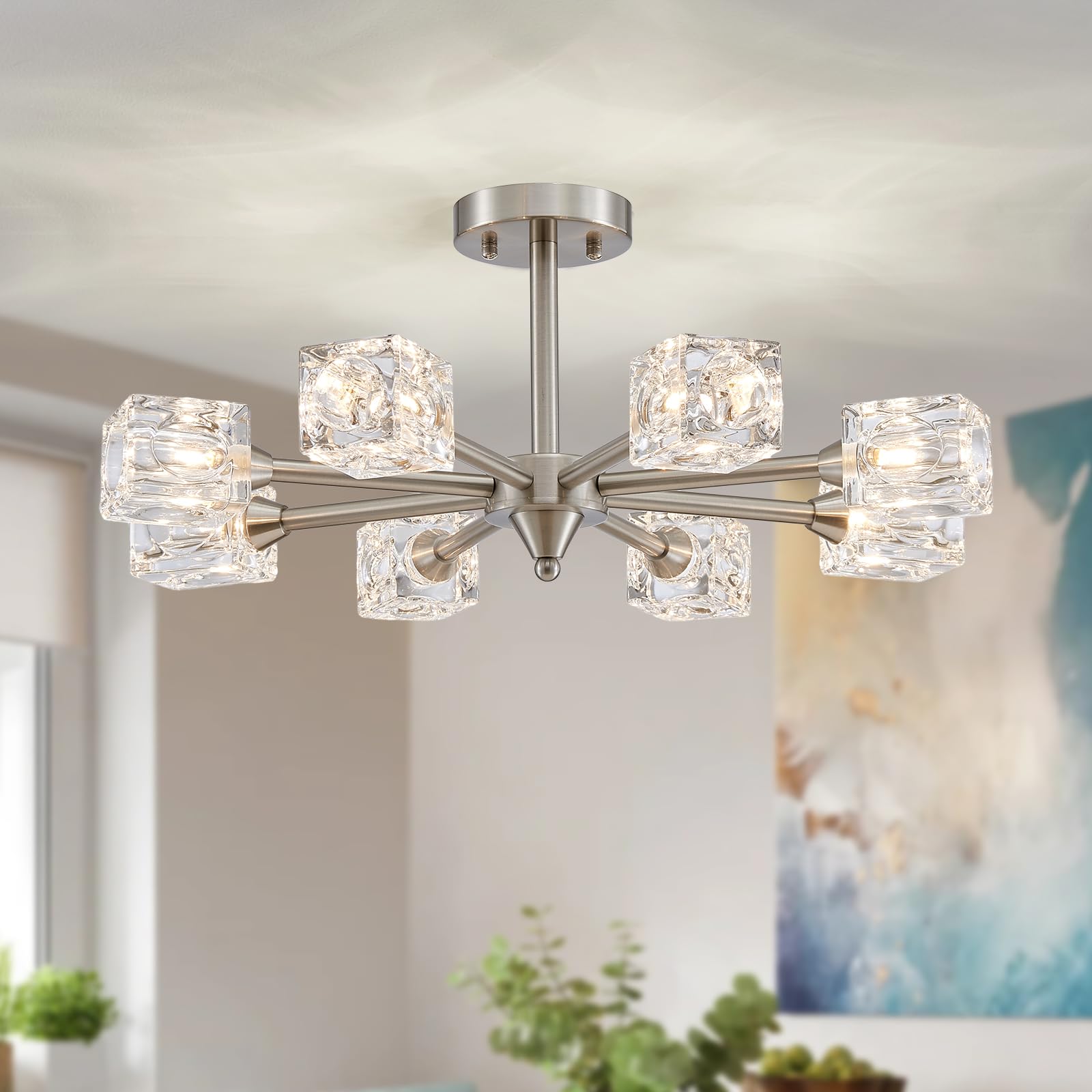 Xingqi Semi Flush Mount Ceiling Light Fixture 8-Light Brushed Nickel Modern Sputnik Chandeliers Lighting Fixtures For Dining Roo
