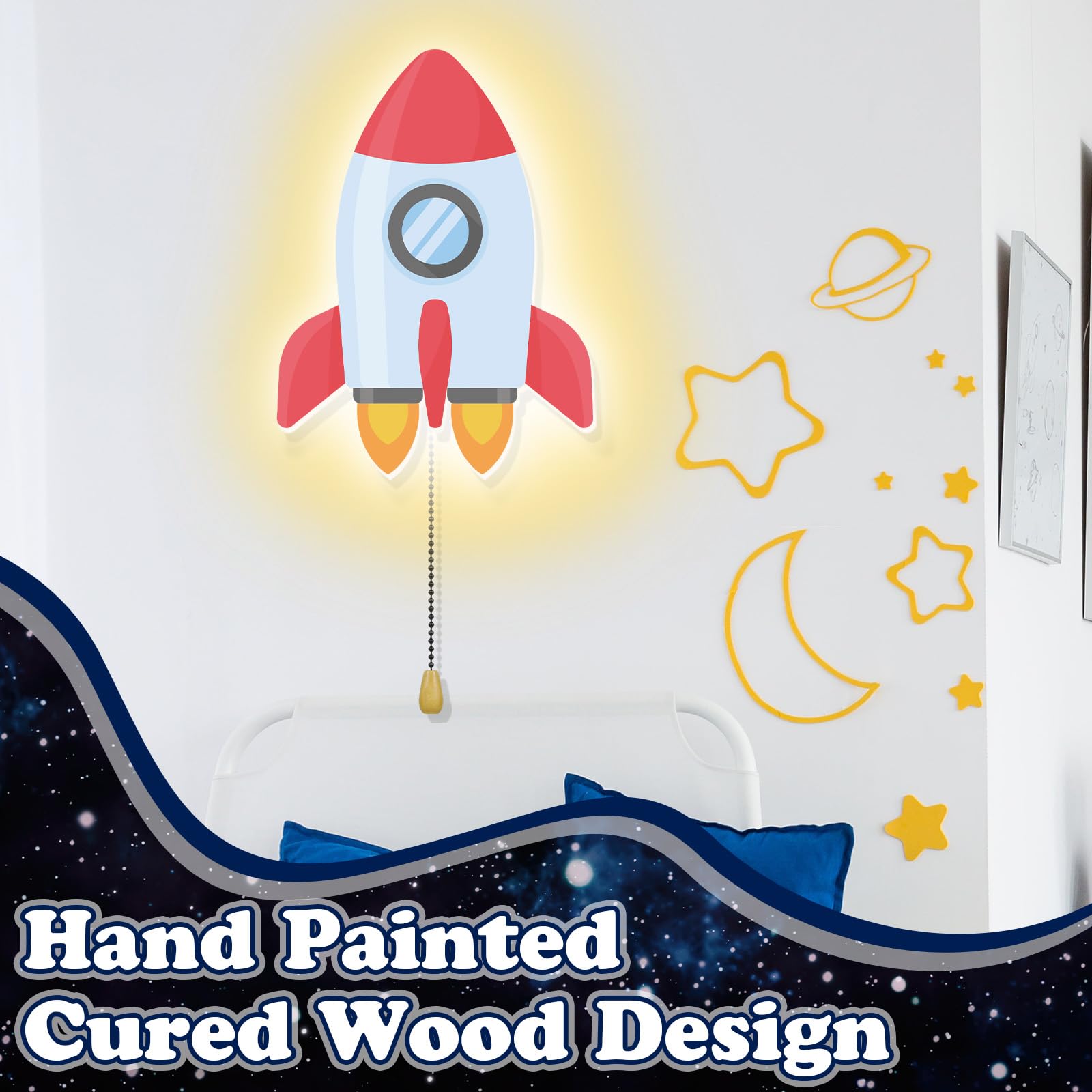 Aurelema Space Rocket Night Light Wall Lamp Sleeping Nursery Lighting Cute Floating Battery Operated Hanging Lamp For Baby Boys Girls Bedroom Room Nursery Wall Decorations