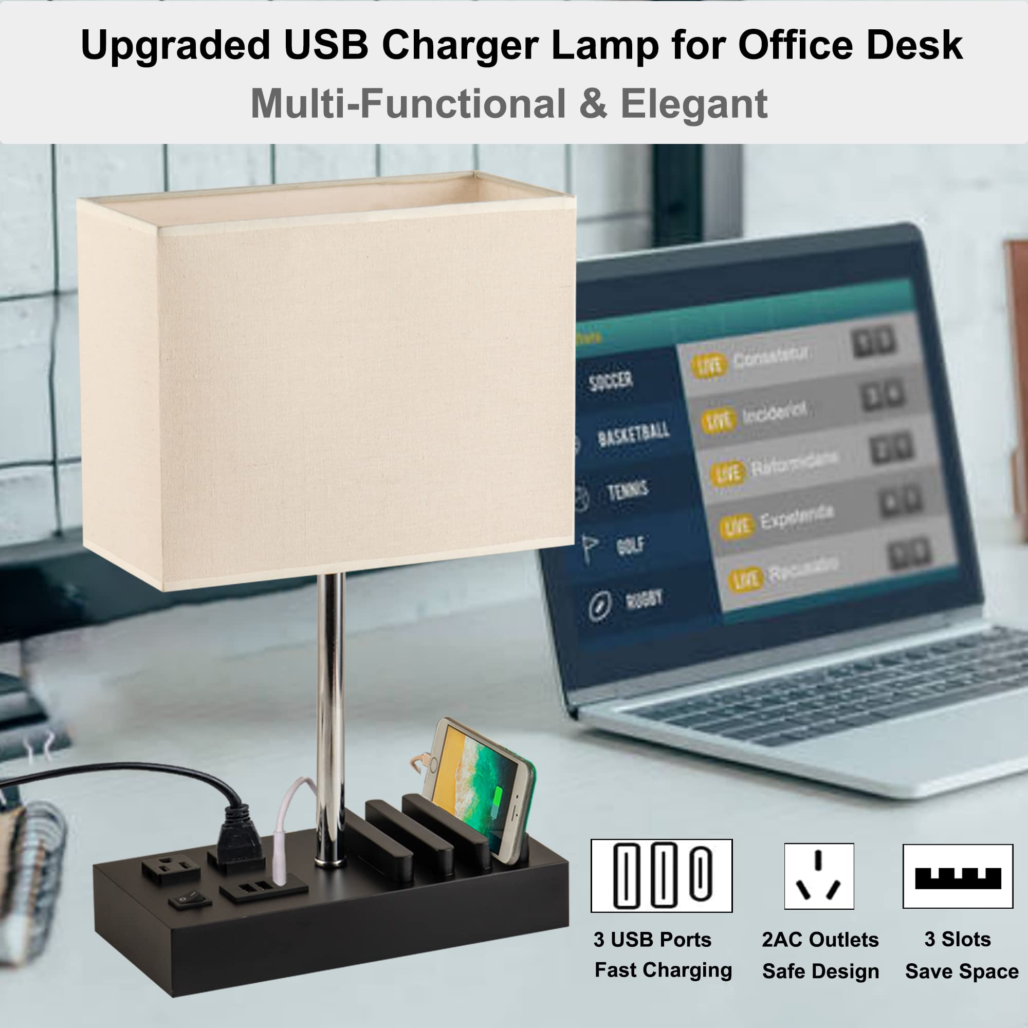 Briever Upgraded 3-In-1 Table Lamp With 2 Usb A & 1 Usb C Charging Ports, Bedside Desk Lamp With 2 Ac Outlets And Wooden Phone S