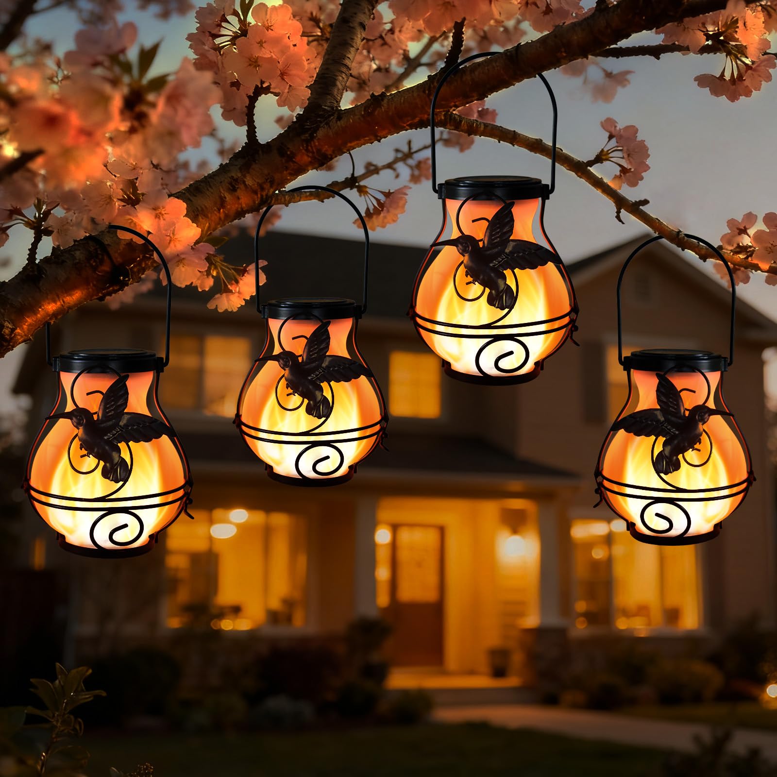 4 Pack Solar Lanterns Outdoor Waterproof Flickering Flame Lights Hummingbird Metal Hanging Solar Lantern Patio Porch Garden Deco