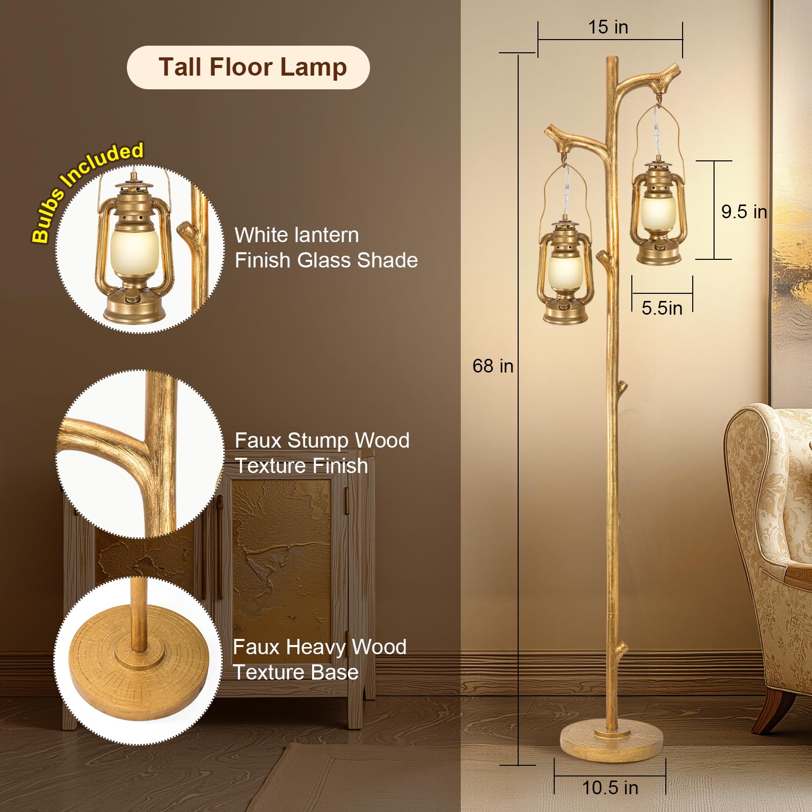 Scenekoy 68” Tall Gold Floor Lamp, Dimmable Resin Standing Light with Lanterns, Model SL034 for Modern Living Room & Bedroom Decor