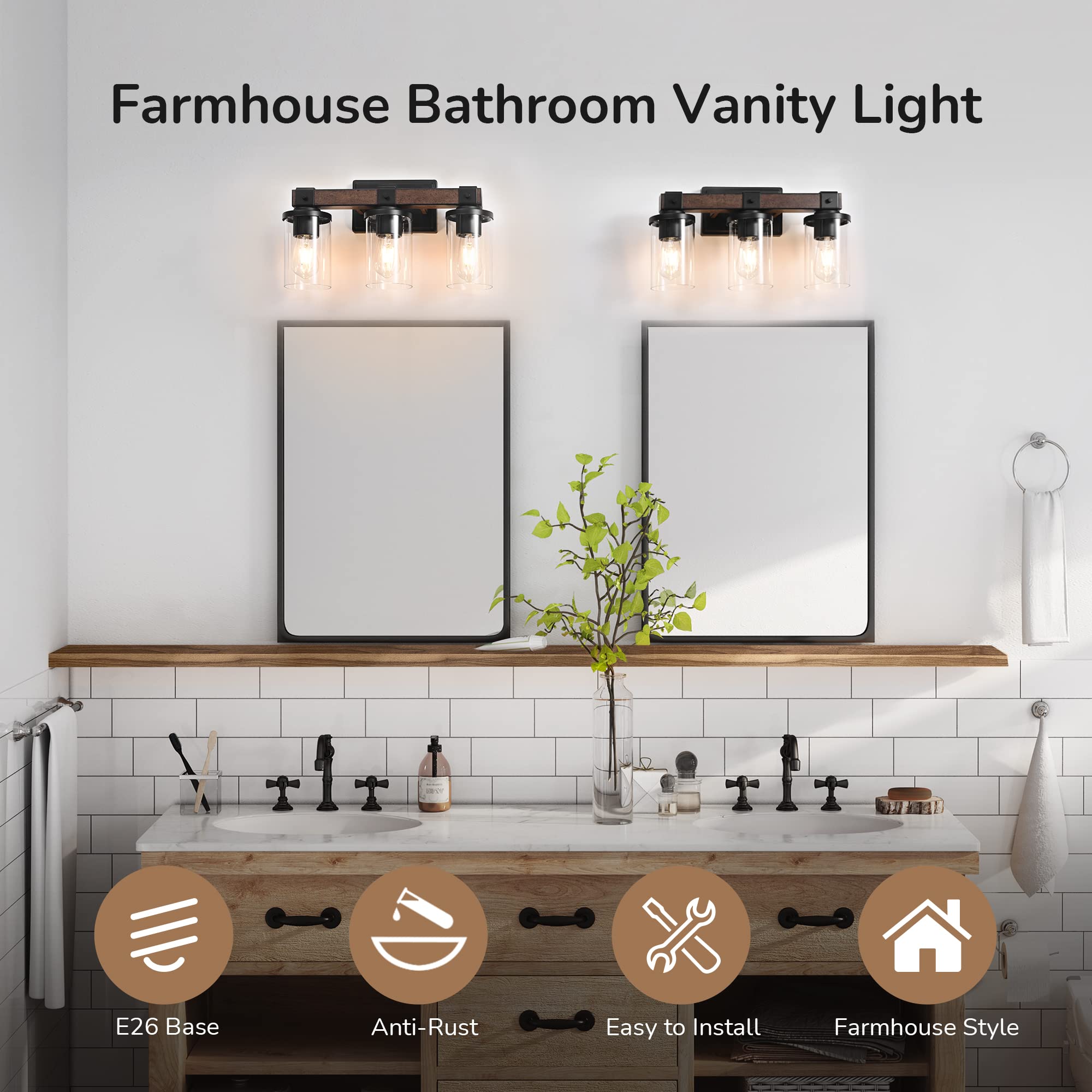 Edishine Farmhouse Vanity Lights For Bathroom & Living Room, 3-Light Over Mirror, Wall Sconce With Clear Glass Shades (E26 Base)