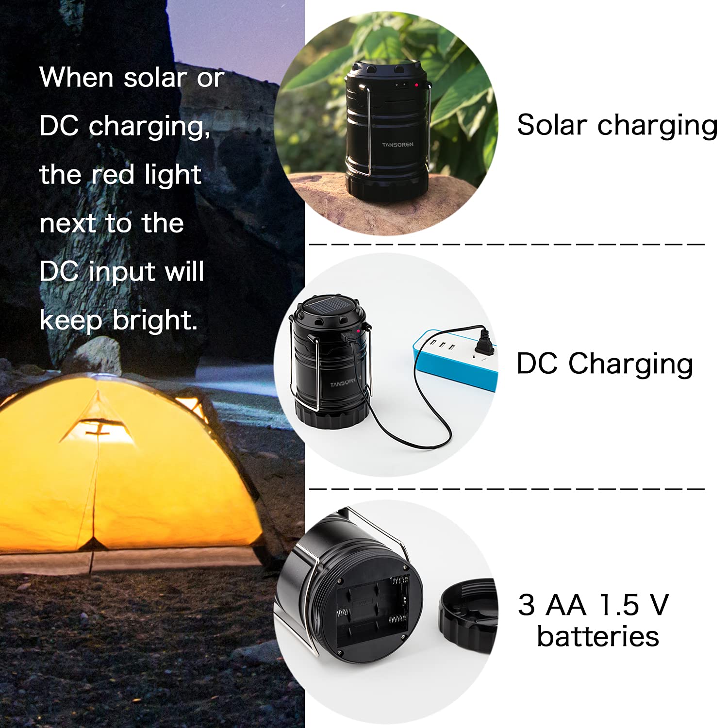 TANSOREN 4 Pack Solar USB Rechargeable COB LED Lantern, Waterproof, Black, Model-D-64