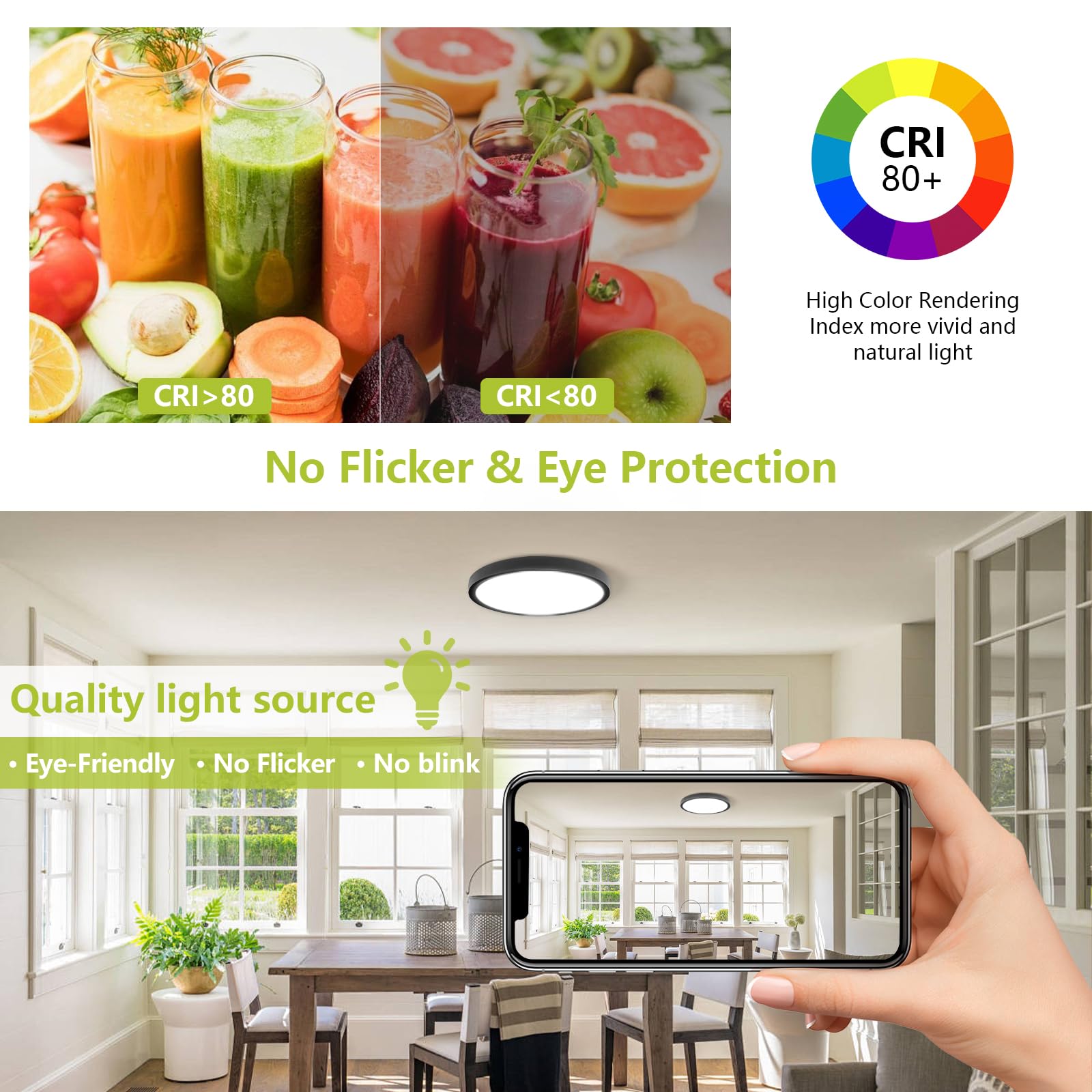 YELIOLED 20 Inch LED Flush Mount Ceiling Light, 42W 4200LM Dimmable, Color Temp 2700K-6500K, Remote Control, Black