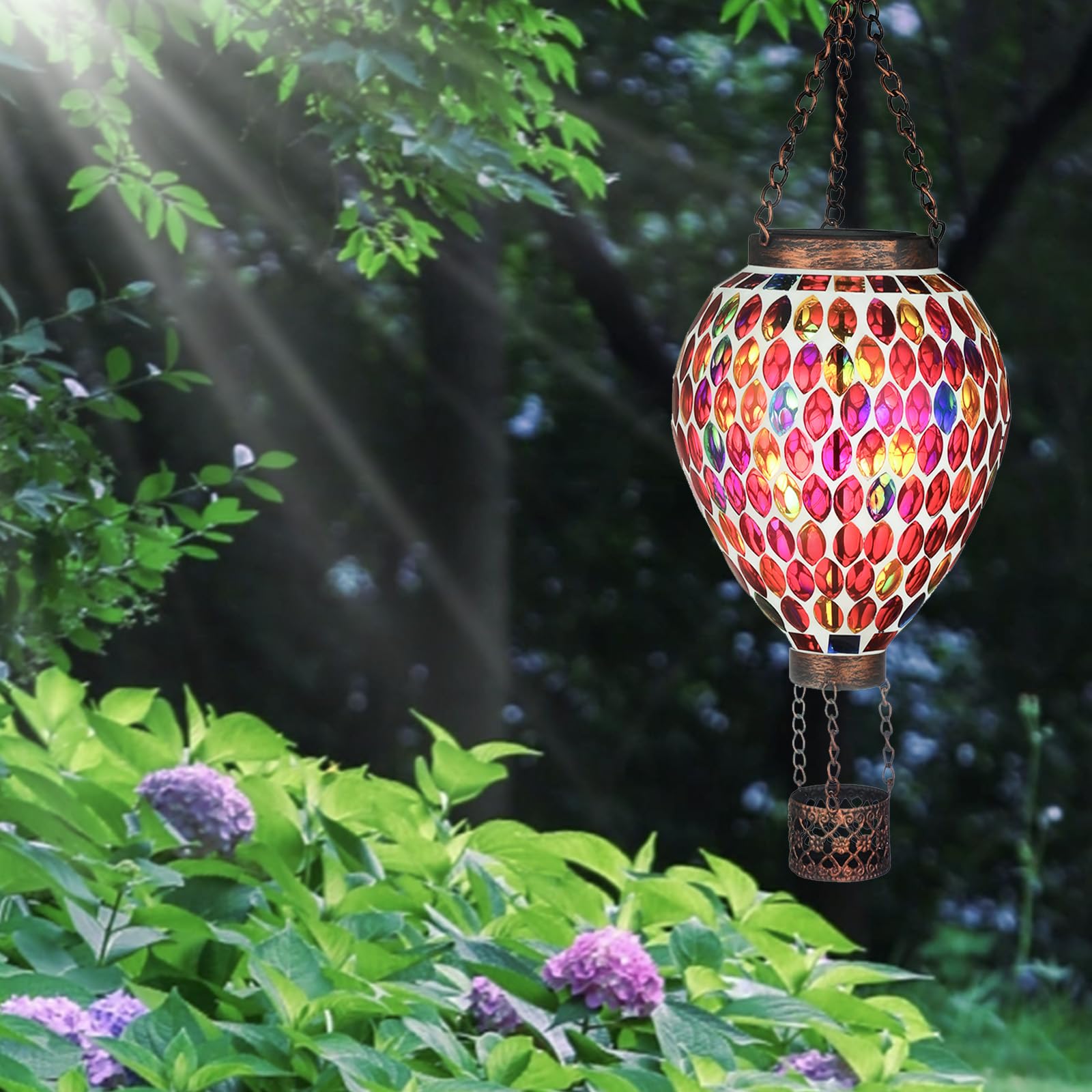 Voreen Hot Air Balloon Solar Lantern  Handmade Mosaic Solar Outdoor Hanging Wind Light  Waterproof  Patio Festive Decor  Gift For Mom Wife Friend  Red