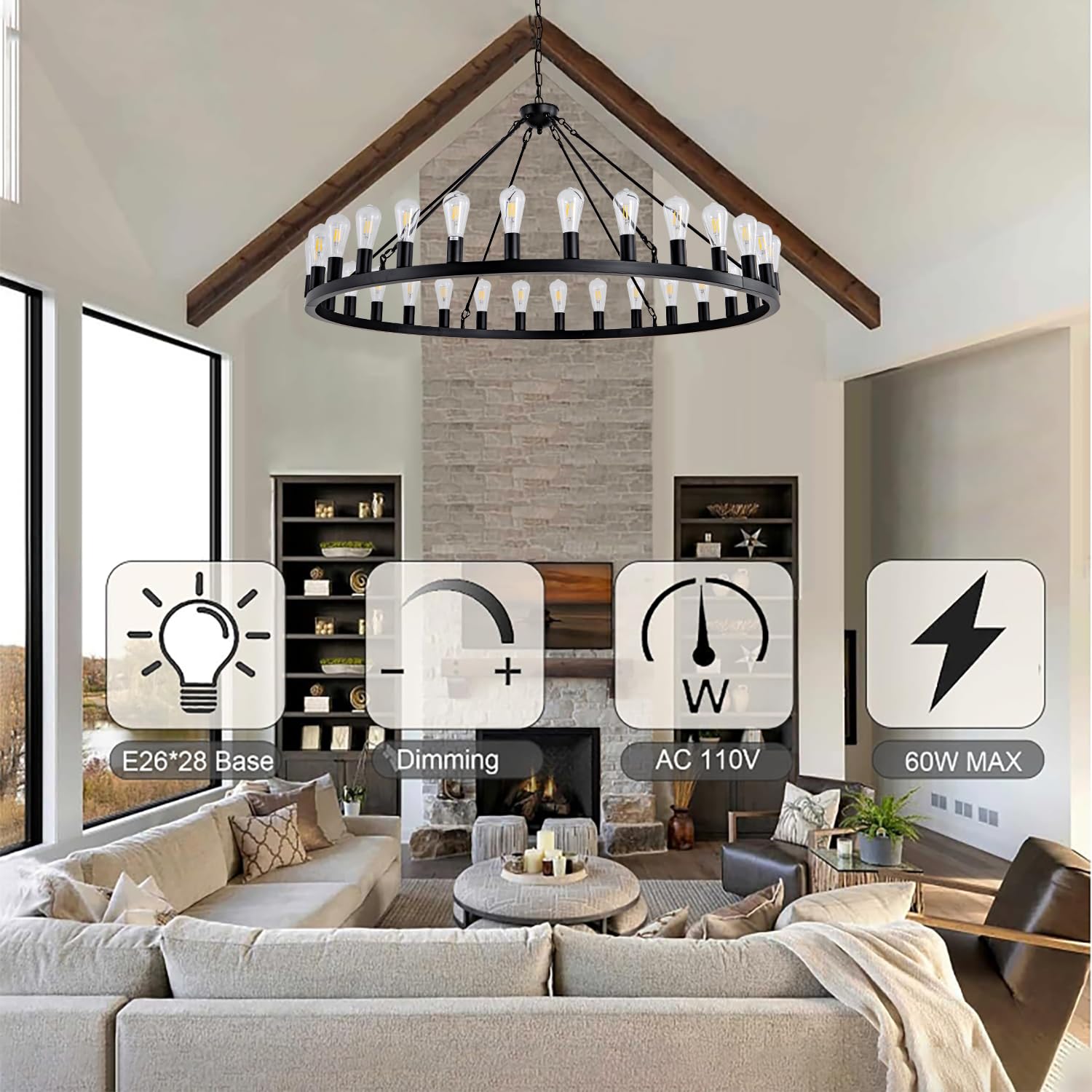 Sarudiir 53&quot; Black Wagon Wheel Chandelier - 30-Light Farmhouse Lighting For High Ceilings