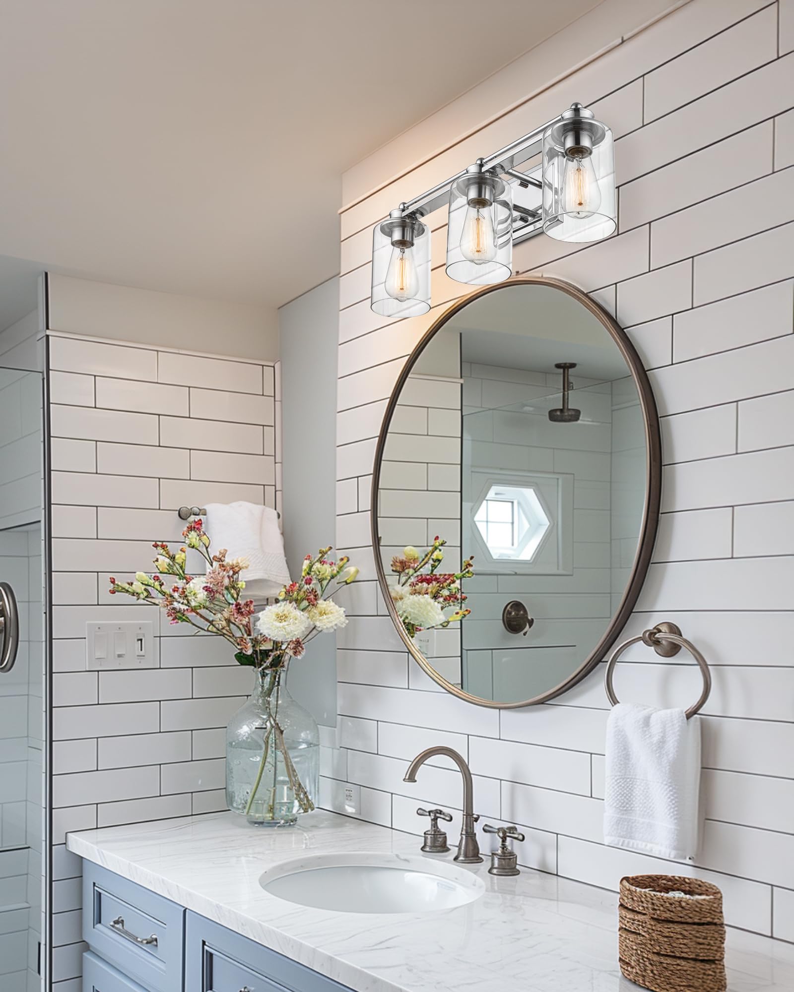Hwh Modern Chrome Bathroom Vanity Light Fixture, 3-Light Wall Sconce Over Mirror, 5Hlt63B-3W Ch