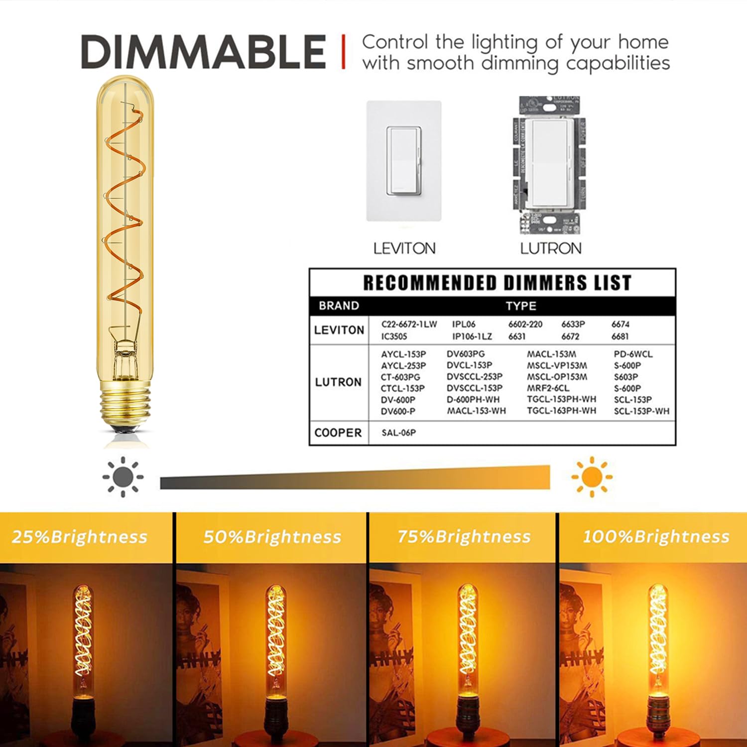 Leools T10 Vintage Led Edison Light Bulbs 60 Watt, 4-Pack Dimmable T30 6W2200K Amber Warm Light Bulbs, E26 Base, 6W Led Equal 60