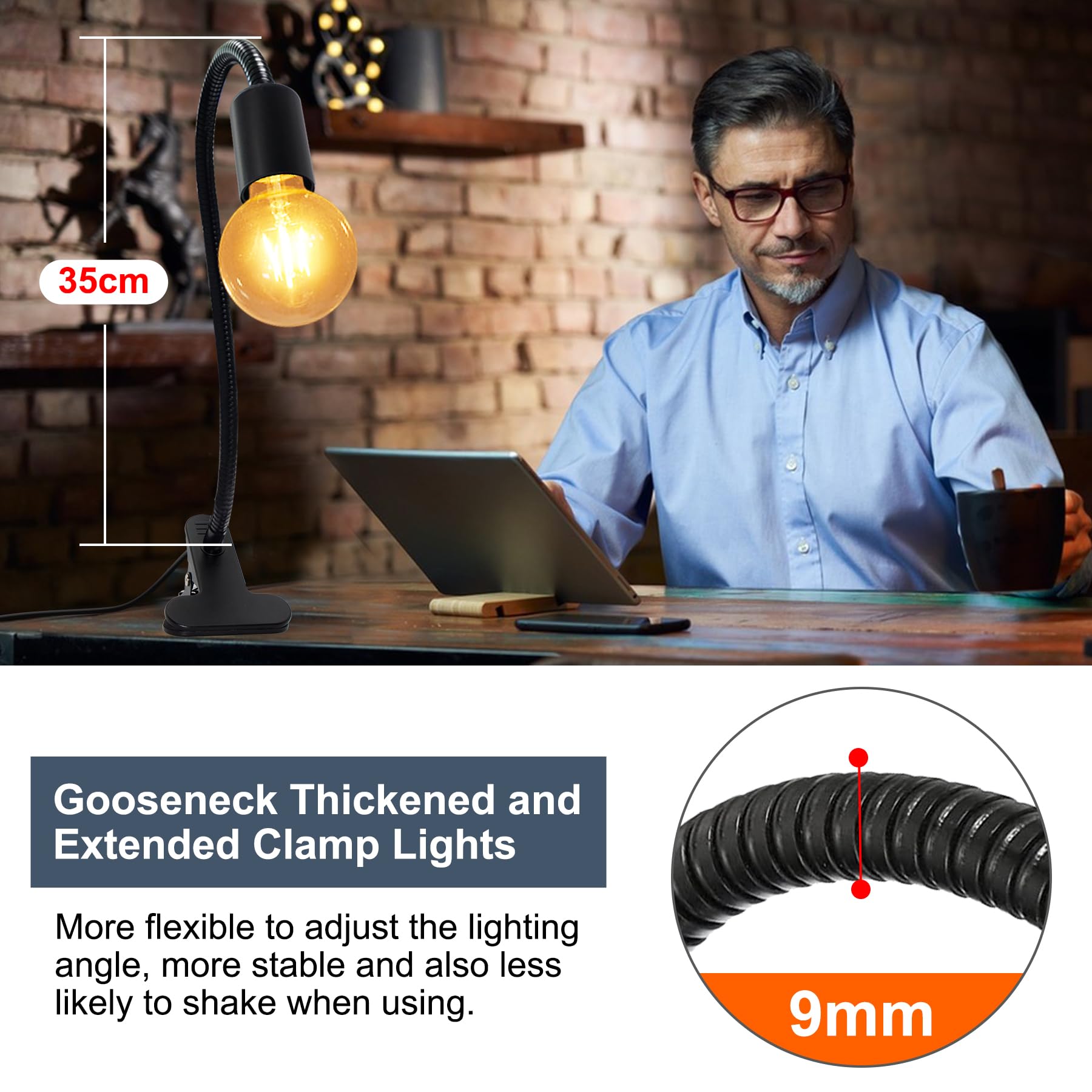 Clip On Bulb Holder,E26/E27 Clamp Light Socket,Clip Light With Plug And 7.2Ft Switch Cable,Flexible Desk Lamp With Metal Clip,9M