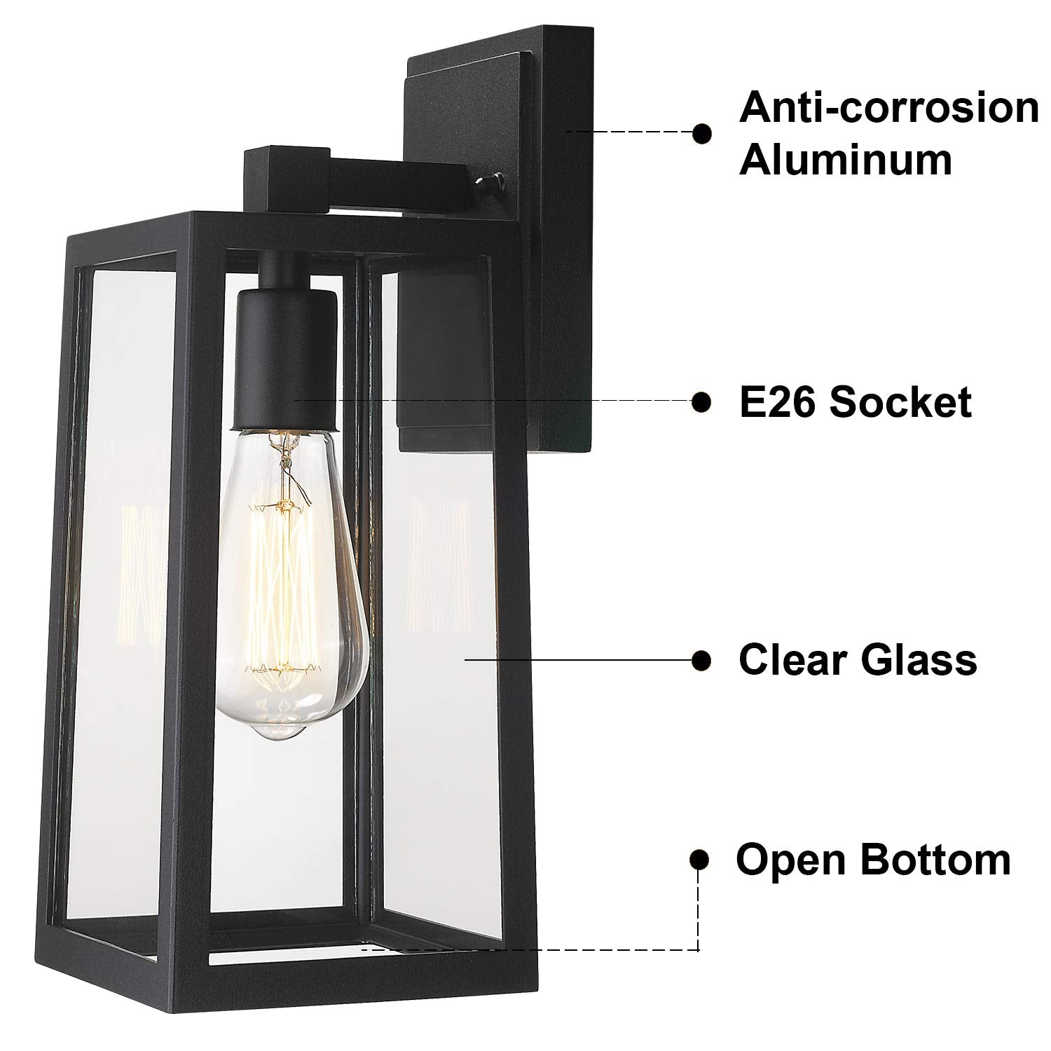 Emliviar 2 Pack Black Outdoor Wall Light Fixtures With Clear Glass, Aluminum, We212B-2Pk Bk