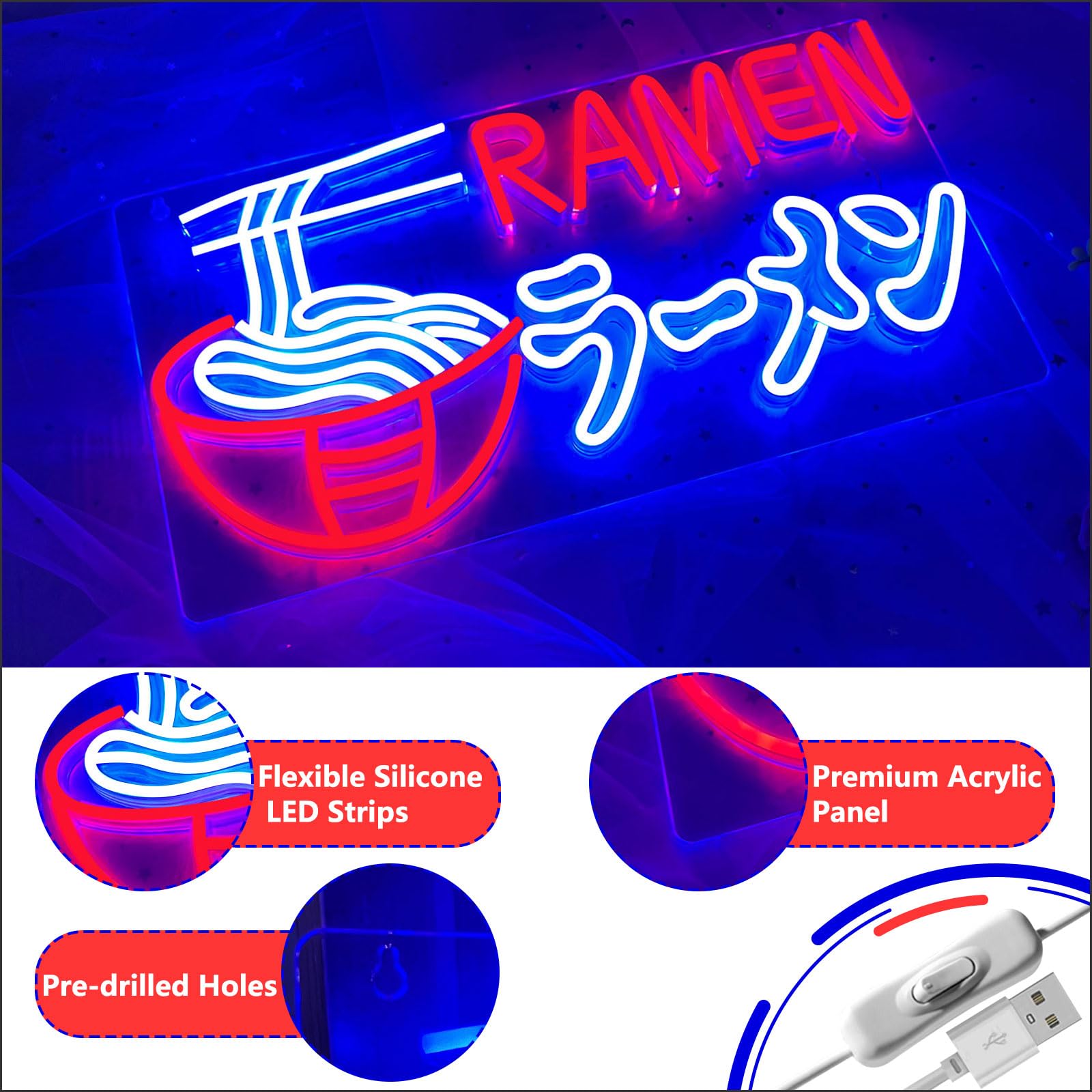 Nen Sign Ramen Neon Light Wall Decor Dimmable LED 15.7x8.7 inches USB Powered for Home Bar Kitchen Restaurant